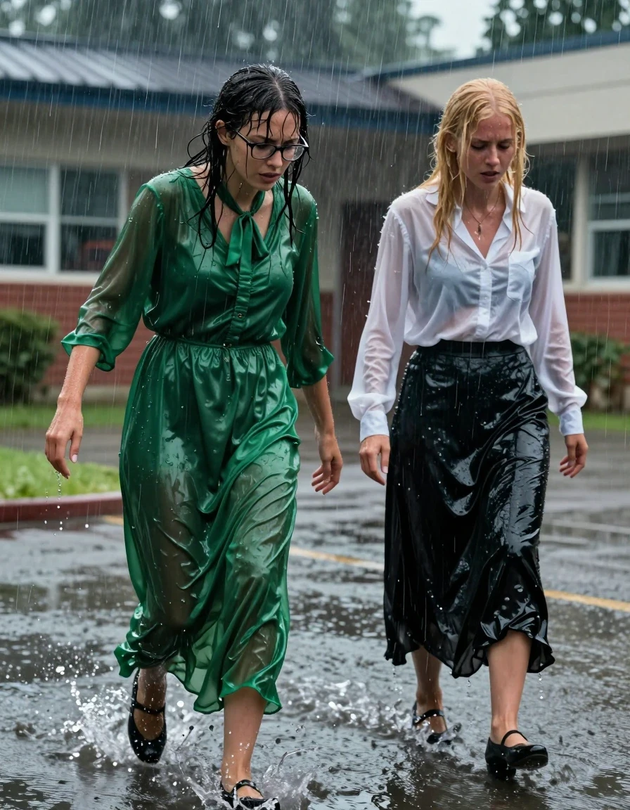 A photorealistic cinematic shot of two lesbian teachers outside a school during a heavy thunderstorm. One woman, a European brunette, wears an oversized long-sleeved silk green maxi dress with a bowtie and glasses; she is captured mid-motion, rolling through a deep puddle. The second woman, a blonde, wears a long-sleeved white blouse and a long black skirt. Both women are thoroughly drenched, with wet skin, damp hair plastered to their faces, and clothing visibly saturated by the rain. The silk green dress clings to the woman's body, showing darker soaked fabric, heavy folds, and a glossy water sheen. The white blouse and black skirt are heavy with water, clinging to the skin with translucent and darkened patches. The environment features a rainy schoolyard, asphalt reflecting the dim, moody lightning, and heavy rain streaks. Shot with a high-speed camera, sharp focus on the splashing water and the texture of the wet fabrics, 8k resolution, hyper-realistic skin texture, atmospheric lighting, intense emotional engagement.