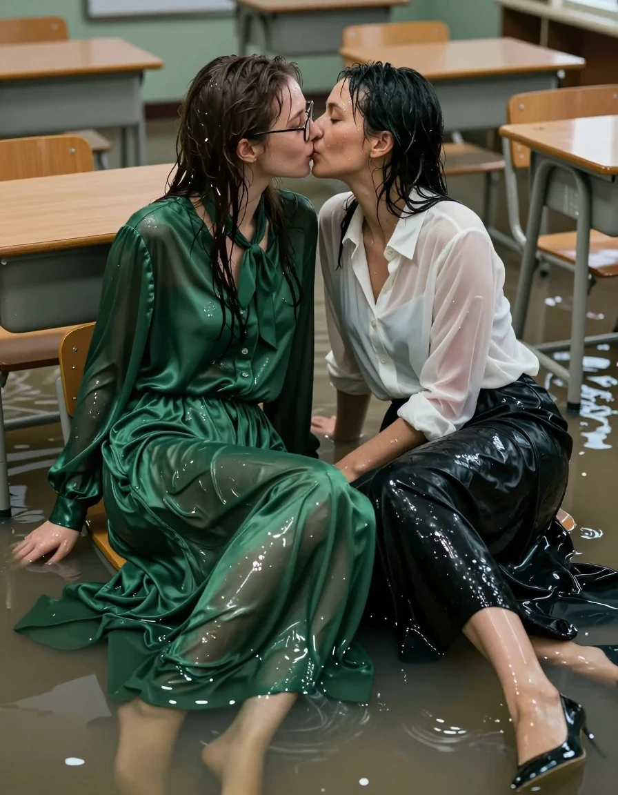 A photorealistic, cinematic shot of a young adult European woman with glasses wearing an oversized long-sleeved silk green maxi dress with a bowtie, and a woman in her 40s wearing a long-sleeved white blouse and a long black skirt, passionately kissing each other while sitting in the water of an empty, flooded classroom. Both women have wet skin, damp hair, and their clothes are visibly soaked, clinging to their bodies with heavy, saturated folds and dark, deep tones. The green silk dress and white blouse are translucent and heavy with absorbed water, showing realistic wet texture and clinging fabric. The women are wearing heels that are partially submerged. The classroom environment is filled with shallow, reflective water, with desks and chairs partially submerged. The lighting is moody and atmospheric, highlighting the glossy sheen of the wet skin and the dark, wet fabric. High-resolution photography, 8k, sharp focus on the subjects, intricate fabric details, realistic water ripples, cinematic composition.