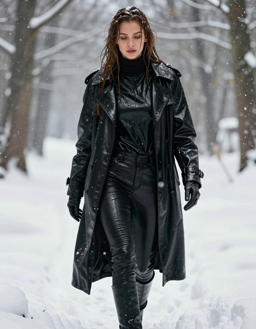 A photorealistic full-body shot of a young adult European woman with long, dripping wet brown hair and glistening wet skin, walking through a deep, snow-covered forest during a heavy snowfall. She is wearing an oversize black leather polar neck shirt, a heavy black leather trench coat, black leather jeans, and black leather knee-high boots, with leather gloves on both hands. All garments are visibly soaked, with the leather appearing heavy, dark, and saturated, featuring a strong liquid sheen, water-beaded surfaces, and deep, clinging folds that emphasize the wet texture. The snow clings to her clothes and hair, creating a stark contrast with the dark, reflective leather. The atmosphere is cold and wintry, with heavy snowflakes falling around her. The lighting is soft and diffused by the overcast sky, highlighting the specular highlights on the wet leather surfaces. Cinematic composition, 8k resolution, highly detailed textures, intense atmospheric depth, sharp focus on the subject, clean anatomy, no nudity, no bare skin beyond face and hands.
