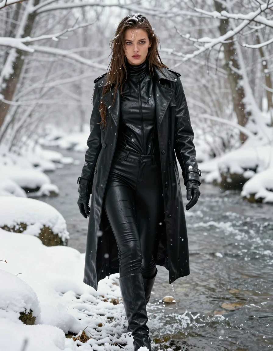 A stunning, photorealistic full-body shot of a young adult European woman with long, dripping wet brown hair and glistening wet skin, walking through a freezing river in a dense, snow-covered forest during a heavy snowfall. She is dressed in a layered ensemble of black leather: an oversize black leather polar neck shirt, a long, heavy black leather trench coat, and tight black leather jeans that cling to her frame. She wears black leather knee-high boots and matching leather gloves on both hands. All garments are heavily saturated, featuring darkened, soaked leather textures, water-slicked surfaces, and visible water runoff, with deep, glossy specular reflections highlighting the folds and seams of the wet material. The woman is covered in a light dusting of falling snow. The background is a crisp, wintery forest landscape with snow-laden trees and a flowing river. High-resolution, cinematic lighting, 8k, sharp focus on skin texture and fabric sheen, non-nude, modest and fully clothed.