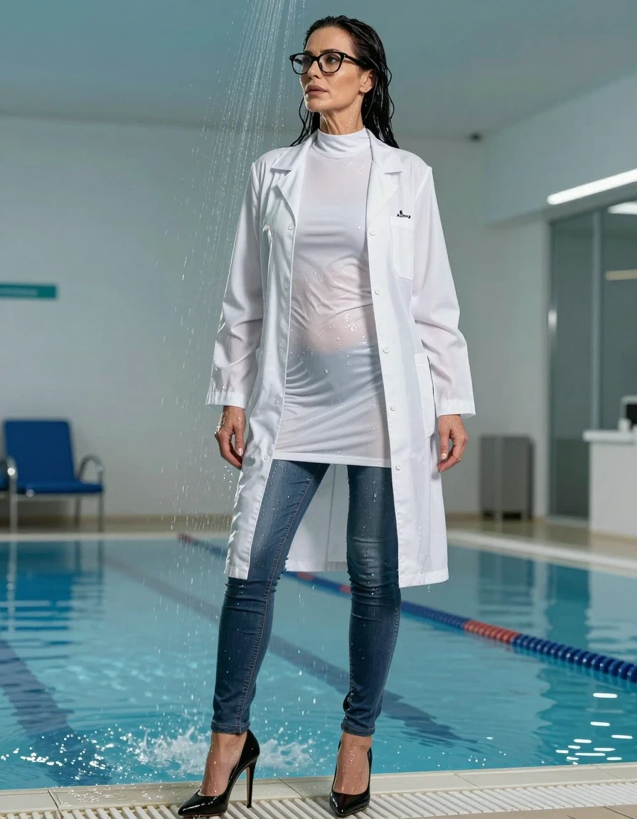 photo of young woman, in soaking wet, drenched clothes,
high-heeled butts, long tight shiny jeans, maxi high-neck white t-shirt dress, maxi white labcoat with long sleeves, under shower indoor swimming pool, enjoying wet clothes stuck body, enjoying, wet clothes stuck to body, 
enjoying, wet clothes stuck to body,
detailed textures of the wet clothes, wet face, wet plastered hair,
wet, drenched, professional, high-quality details, full body view.
sharp focus, ultra-high pixel detail, realistic, high-quality, full colors, incredibly detailed, 4k, 8k, 16k, hyper-realistic, RAW photo, masterpiece, ultra-detailed, professionally color graded, professional photograph, europen brunette skinny woman 50 years old, long dark black hair, very big and thick lips,  office glasses, complete body, wet skin, wet clothes, damp fabric, wet skin, wet clothes, damp fabric, wet skin, wet clothes, damp fabric, wet skin, wet clothes, damp fabric, wet skin, wet clothes, damp fabric