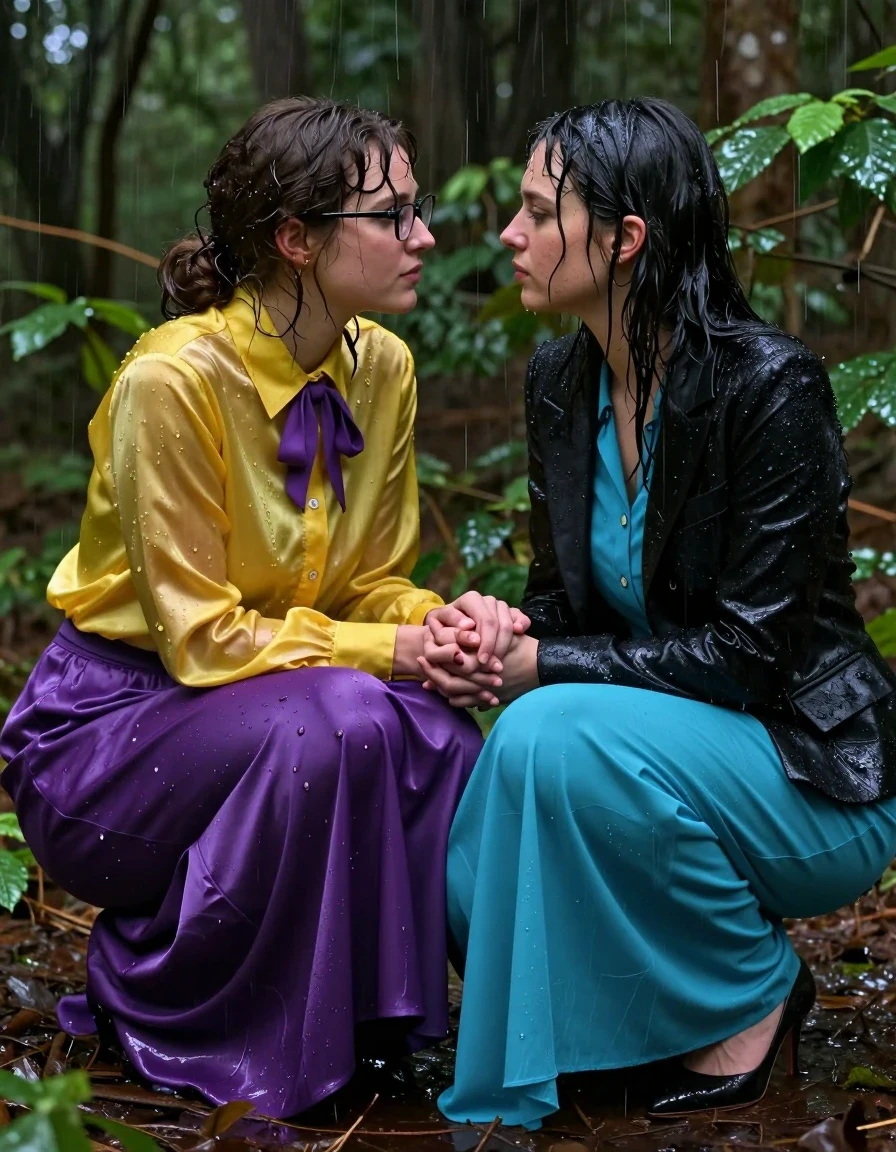 A photorealistic, highly detailed shot of two nerdy European female teachers crouching together inside a dense, rain-drenched forest bush, holding hands passionately. The first woman wears a wet, oversized long-sleeved silk yellow buttoned-down blouse with a purple bowtie, glasses, and a soaking-wet satin purple maxi skirt. The second woman wears a wet black tuxedo jacket over a long-sleeved nylon buttoned-down cyan maxi dress. All garments are visibly soaked, clinging to their bodies with heavy folds, darker fabric tones, and intense water sheen. Their skin and hair are glistening with moisture, featuring realistic water droplets and wet textures. They are wearing high heels that are partially buried in the damp forest floor. The lighting is moody and natural, filtering through the wet foliage, highlighting the glossy specular reflections on the saturated fabrics and wet skin. The scene is shot with a shallow depth of field, sharp focus on their expressions and the textural details of the wet clothing, cinematic composition.