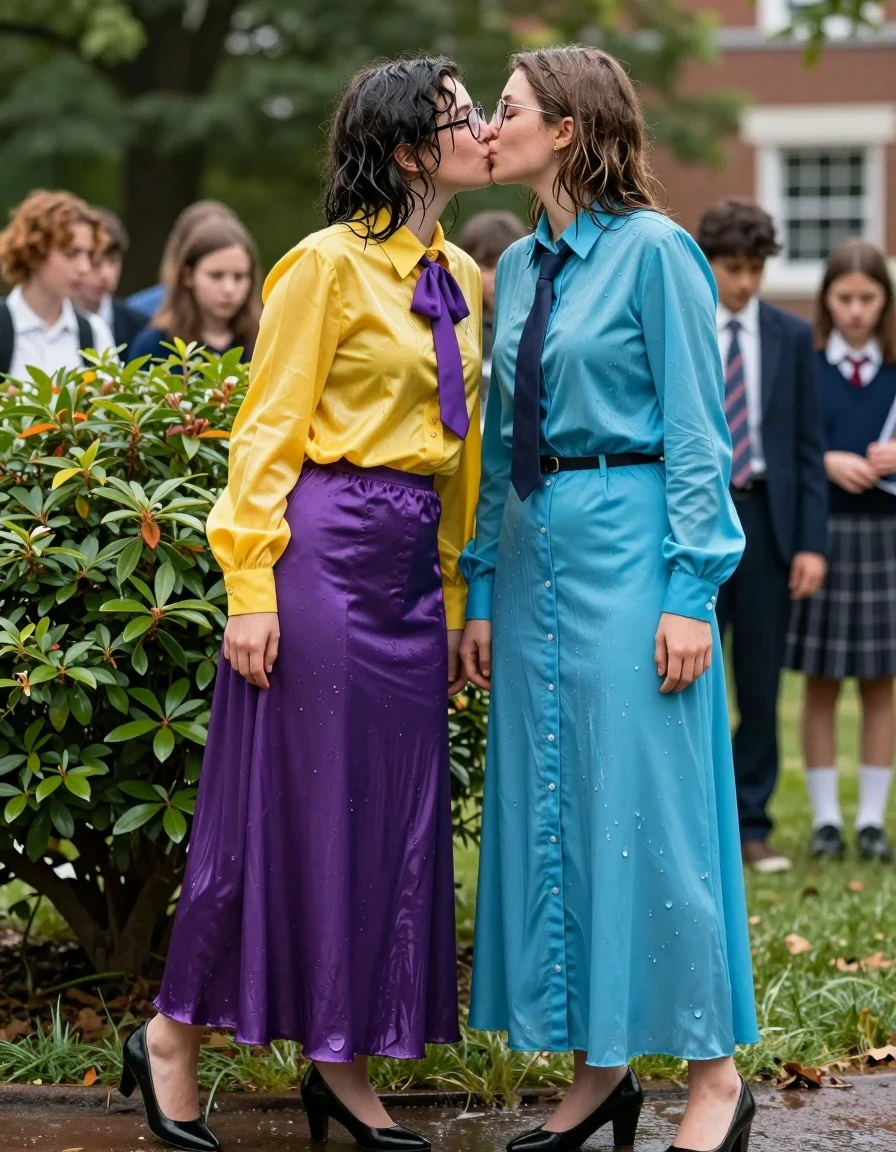 photo of young woman, in soaking wet, drenched clothes,
heels, 1st woman: satin purple maxi skirt 2nd: a long-sleeved nylon buttoned-down cyan maxi dress with a necktie, 1st woman: oversized long sleeved silk yellow buttoned-down blouse with purple bowtie, glasses; 2nd: a long-sleeved nylon buttoned-down cyan maxi dress with a necktie, schoolyard, behind a bush, 
enjoying, wet clothes stuck to body,
detailed textures of the wet clothes, wet face, wet plastered hair,
wet, drenched, professional, high-quality details, full body view.
sharp focus, ultra-high pixel detail, realistic, high-quality, full colors, incredibly detailed, 4k, 8k, 16k, hyper-realistic, RAW photo, masterpiece, ultra-detailed, professionally color graded, professional photograph, two nerdy teachers secretly kissing passionately while hiding from the students, wet skin, wet clothes, damp fabric