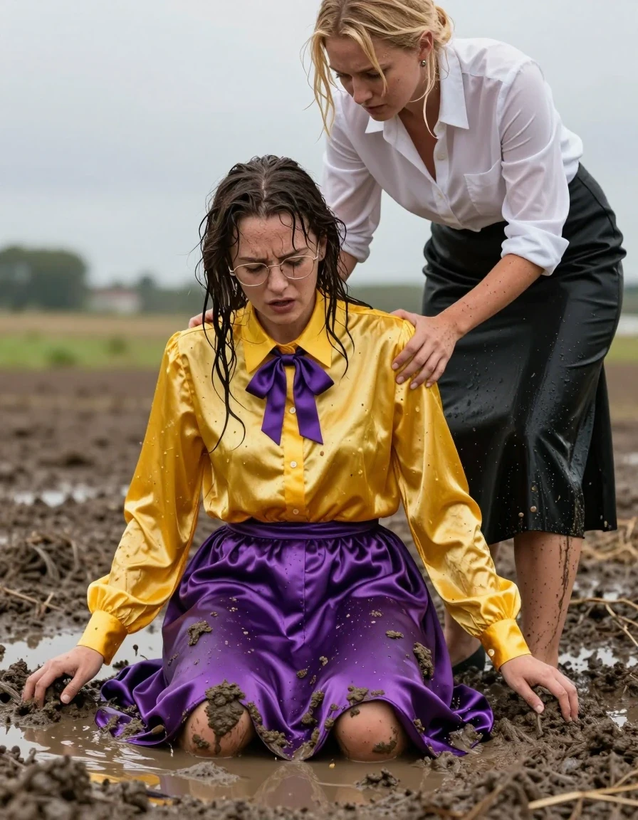 A photorealistic, high-detail scene of two European women, one a brunette teacher wearing an oversized long-sleeved yellow silk button-down blouse with a purple bowtie, glasses, and a satin purple maxi skirt, and the other a blonde woman in a long-sleeved white blouse and a long black skirt. The brunette is being humiliated, sitting in a muddy puddle in an open muddy field. Both women have wet skin, soaked hair, and damp, clinging clothing. The silk blouse and satin skirt are drenched, showing deep color saturation, heavy wet folds, and a high-sheen water gloss. The blonde woman stands over her. The environment is a wet, overcast field with splatter-covered clothing and mud-streaked skin. Cinematic lighting emphasizes the textures of the wet fabric and the muddy ground, high-resolution photography, 8k, sharp focus on the expressions and textures of the clinging, saturated garments.
