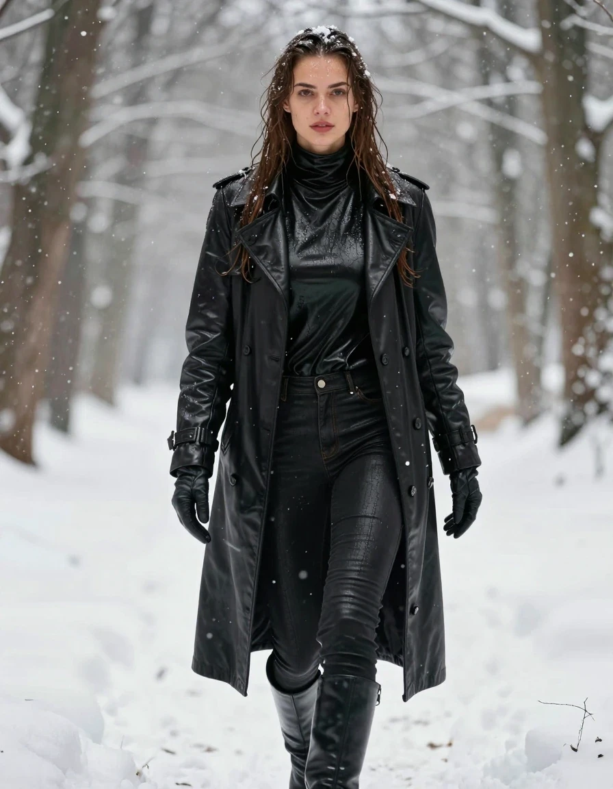 A photorealistic full-body shot of a young adult European woman with long, dripping wet brown hair and glistening wet skin, walking through a dense, snow-covered forest during a heavy snowfall. She is wearing an oversize black leather polar neck shirt, a heavy black leather trench coat, black leather jeans, and black leather knee-high boots, with black leather gloves on both hands. Her clothing is visibly damp, with the leather surfaces showing a distinct water sheen, weight, and heavy folds clinging to her form. The snow clings to her wet hair and garments, creating a stark contrast against the dark, saturated leather. The scene is captured with sharp focus, highlighting the texture of the wet leather and the icy atmosphere of the forest. The lighting is cold and diffuse, emphasizing the glossy, wet reflections on her clothes and skin. No nudity, clean and modest presentation.