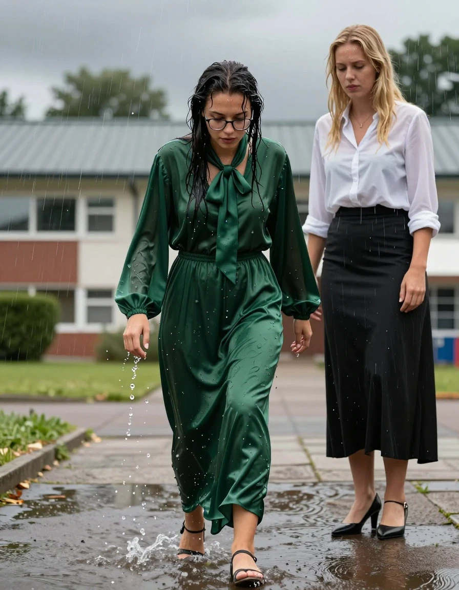 photo of young woman, in soaking wet, drenched clothes,
heels, oversized long sleeved silk green maxi dress with bowtie, oversized long sleeved silk green maxi dress with bowtie, glasses, outside school during a thunderstorm, 
enjoying, wet clothes stuck to body,
detailed textures of the wet clothes, wet face, wet plastered hair,
wet, drenched, professional, high-quality details, full body view.
sharp focus, ultra-high pixel detail, realistic, high-quality, full colors, incredibly detailed, 4k, 8k, 16k, hyper-realistic, RAW photo, masterpiece, ultra-detailed, professionally color graded, professional photograph, two lesbian teachers: the woman in the green dress is rolling in a puddle another blonde woman wearing a long sleeved white blouse and a long black skirt, wet skin, wet clothes, damp fabric, wet skin, wet clothes, damp fabric
