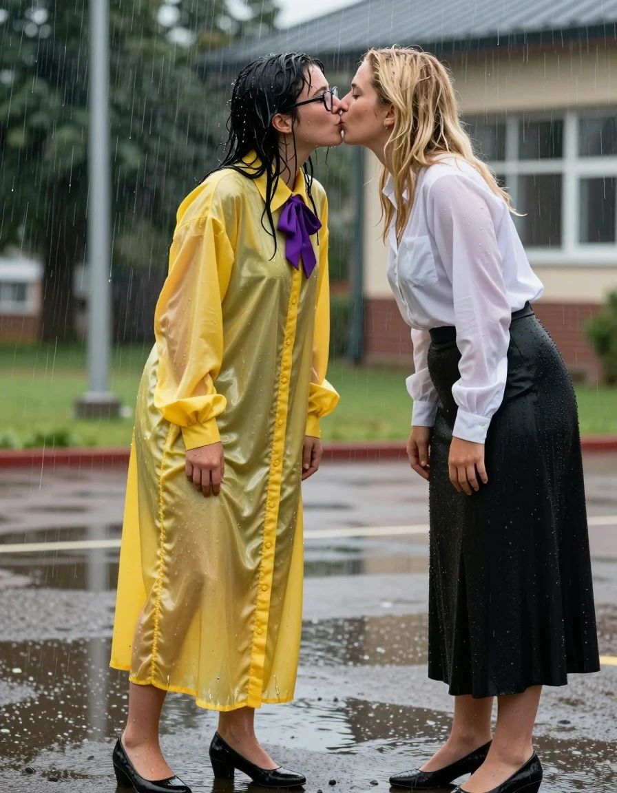 photo of young woman, in soaking wet, drenched clothes,
heels, oversized long sleeved silk yellow buttoned-down maxi dress with purple bowtie, glasses, oversized long sleeved silk yellow buttoned-down maxi dress with purple bowtie, glasses, outside school during a thunderstorm, 
enjoying, wet clothes stuck to body,
detailed textures of the wet clothes, wet face, wet plastered hair,
wet, drenched, professional, high-quality details, full body view.
sharp focus, ultra-high pixel detail, realistic, high-quality, full colors, incredibly detailed, 4k, 8k, 16k, hyper-realistic, RAW photo, masterpiece, ultra-detailed, professionally color graded, professional photograph, two lesbian teachers: the woman in the green dress is kissing in a puddle another blonde woman wearing a long sleeved white blouse and a long black skirt, wet skin, wet clothes, damp fabric, wet skin, wet clothes, damp fabric, wet skin, wet clothes, damp fabric