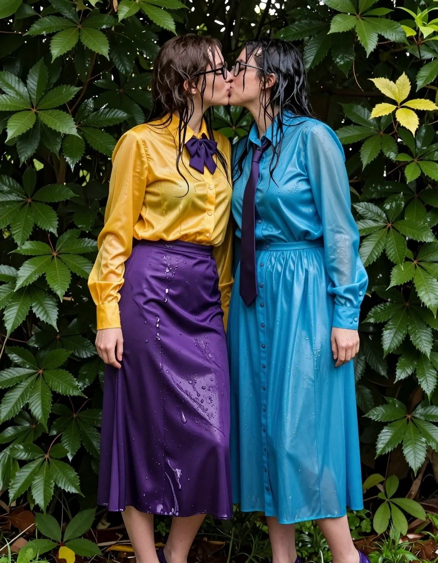 A highly detailed, photorealistic wide shot of two young adult European women, both dressed as nerdy teachers, caught in a passionate, secret kiss while hiding inside a dense schoolyard bush. The first woman wears an oversized, long-sleeved silk yellow buttoned-down blouse with a purple bowtie and glasses, paired with a satin purple maxi skirt and high heels. The second woman wears a long-sleeved nylon buttoned-down cyan maxi dress with a necktie and high heels. Both women and their garments are thoroughly drenched, with wet, matted hair and glistening, water-slicked skin. The silk blouse and satin skirt are clinging to the body, deeply saturated with water, showing heavy folds and dark, translucent patches. The nylon cyan dress is soaked through, exhibiting a distinct wet sheen, deep color darkening, and heavy, clinging fabric texture. The scene is set within the lush, leafy interior of a large bush in a schoolyard, with dappled sunlight filtering through the foliage to highlight the glossy, wet specular reflections on their clothing and skin. The atmosphere is intimate and secretive, with intense expressions of passion, captured with professional cinematic lighting and sharp focus on the textures of the wet fabric and skin.