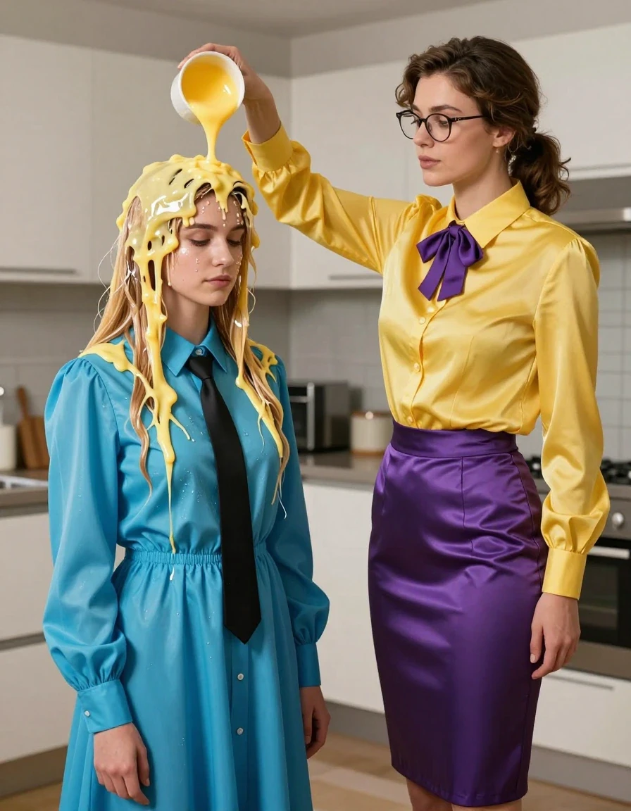 A photorealistic medium shot in a bright, modern kitchen featuring two nerdy female teachers in their late 20s. The first woman, wearing an oversized long-sleeved silk yellow buttoned-down blouse with a purple bowtie and elegant glasses, is captured in the act of pouring thick, viscous yellow custard over the head of the second woman. The second woman is wearing a long-sleeved oversized buttoned-down cyan maxi dress with a black necktie. The custard creates a heavy, wet, glistening coating on the second woman's hair, shoulders, and the fabric of her cyan dress, causing the material to darken, cling to her skin, and form heavy, saturated folds. The first woman is wearing a satin purple maxi skirt paired with high heels. Both women are depicted with realistic skin textures and focused expressions. The scene is illuminated by soft, natural kitchen lighting that highlights the glossy, wet sheen of the custard and the soaked, clinging texture of the fabrics. Sharp focus, 8k resolution, cinematic composition, detailed fabric weaves, and realistic liquid physics.