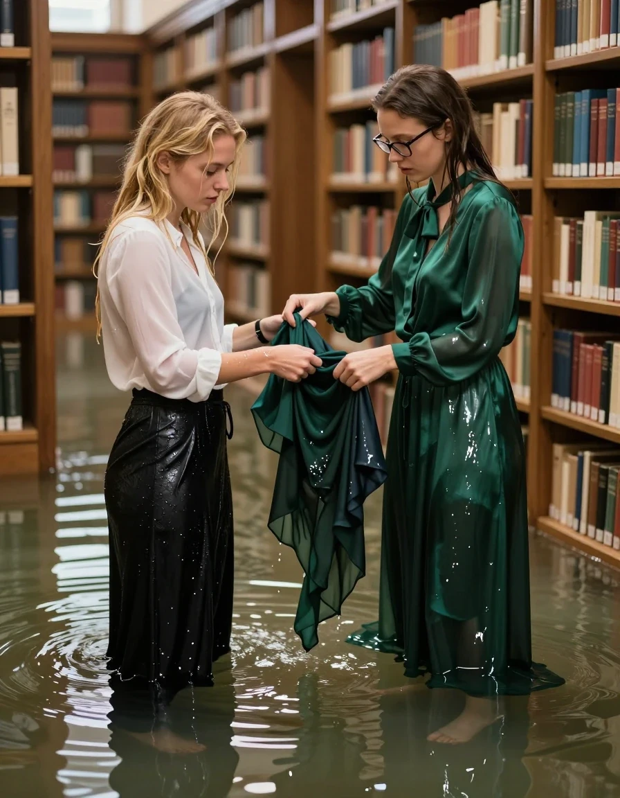 A photorealistic, highly detailed scene inside a flooded library with ankle-deep water. Two young adult European women, both teachers, are interacting in the shallow water. One woman with blonde hair wears a long-sleeved white blouse and a long black skirt, both soaking wet, clinging to her skin with heavy, dark, water-saturated fabric folds. The other woman, wearing glasses and an oversized long-sleeved silk green maxi dress with a prominent bowtie and high heels, is actively removing the clothes of the blonde woman. The green silk dress is drenched, dark, and translucent where it clings, showing deep emerald tones and high-gloss wet sheen. Both women have wet hair and glistening skin. The library background features towering wooden bookshelves partially submerged in murky water, with light reflecting off the water surface. Cinematic lighting, sharp focus, 8k resolution, realistic fabric physics, tangible wet texture, intimate atmosphere.