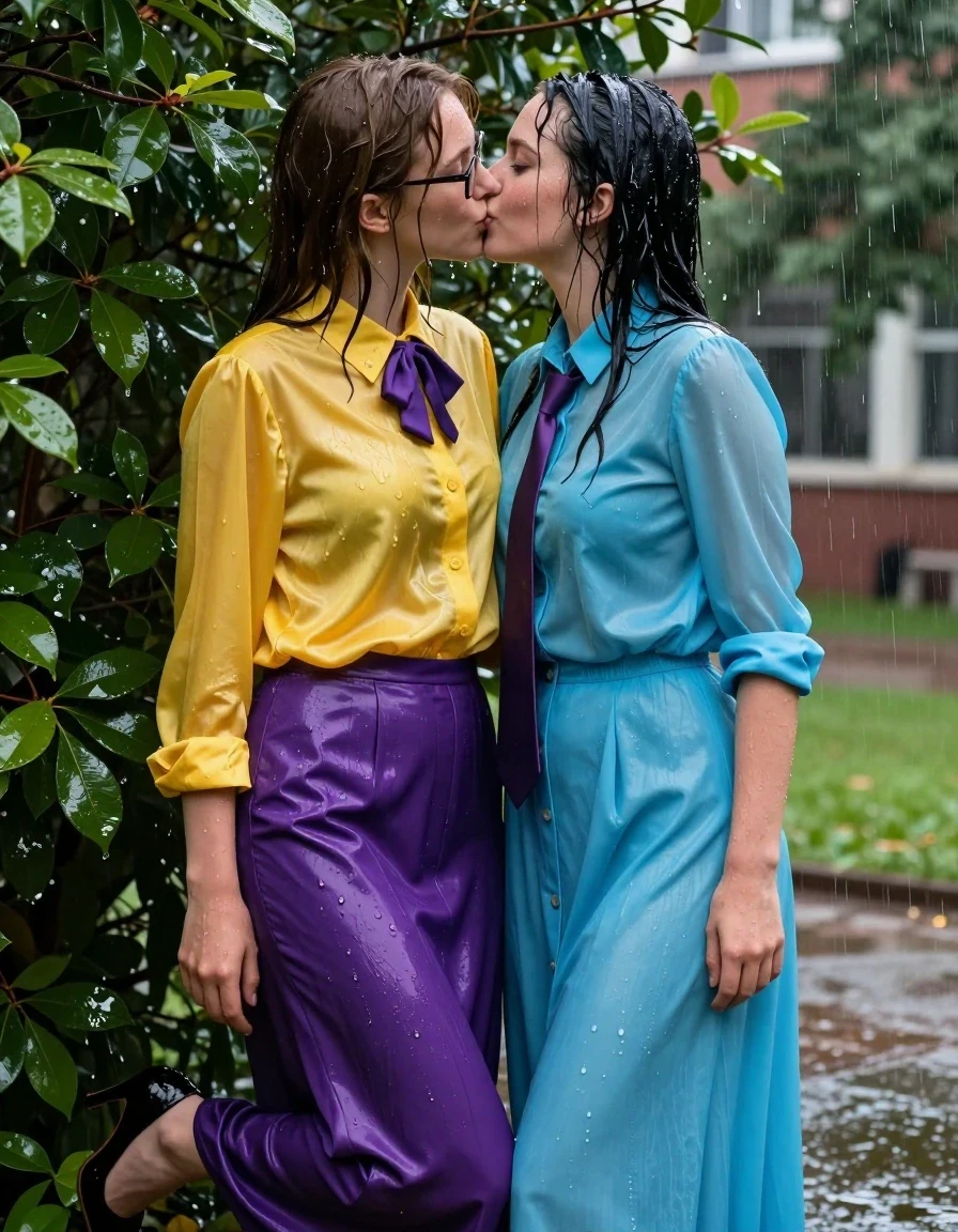 A photorealistic medium shot of two young adult European female teachers hiding behind a dense schoolyard bush, caught in a secret, passionate kiss. The first woman wears an oversized long-sleeved silk yellow buttoned-down blouse with a purple bowtie, a satin purple maxi skirt, and glasses. The second woman wears a long-sleeved nylon buttoned-down cyan maxi dress with a necktie. Both women are wearing high heels. The scene is drenched in water, with their skin and hair glistening and soaked, creating a realistic wet sheen. The silk, satin, and nylon fabrics are heavily water-saturated, clinging to their bodies, showing darkened tones, heavy wet folds, and strong glossy specular reflections on the fabric surfaces. The atmosphere is tense and romantic, with water droplets clinging to their faces and clothes. The setting is a lush, rain-soaked schoolyard backdrop with blurred greenery. High-detail photography, 8k resolution, cinematic lighting emphasizing the wet textures and fabric sheen, sharp focus on the subjects, vibrant colors, realistic skin pores and water-slicked hair.