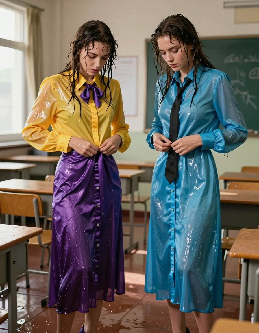 Two young adult European women, acting as nerdy teachers in an empty classroom, are captured in a candid, erotic moment unbuttoning their damp, soaked clothing. The first woman wears an oversized, long-sleeved silk yellow buttoned-down blouse with a purple bowtie, paired with a satin purple maxi skirt and heels; the second woman wears a long-sleeved buttoned-down cyan maxi dress with a black necktie and heels. Both women have wet, clinging skin, damp hair, and clothes heavily saturated with water, creating dark, heavy folds and a glossy sheen where the fabric clings to their forms. The wet silk and satin fabrics exhibit high-contrast specular reflections and deep, rich color saturation due to the moisture. The classroom environment features dusty sunlight streaming through windows, illuminating the water sheen on their skin and the dark, clinging textures of their soaked garments. Photorealistic, 8k, highly detailed skin texture, cinematic lighting, shallow depth of field, sharp focus on the unbuttoning action, wet fabric physics, damp atmosphere.