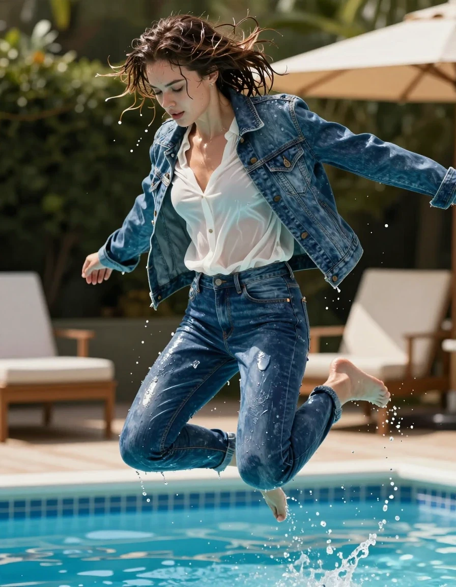 A photorealistic action shot of a young adult European woman mid-air, jumping into a swimming pool at a sunlit outdoor pool party. She is completely drenched, with hair that is saturated and dripping wet, heavy strands clinging to her face and shoulders, absolutely no dry hair present. She is wearing a soaking-wet denim jacket over a white blouse, with the fabric darkened and clinging to her form. She wears soaking-wet blue denim jeans, water-saturated heavyweight denim, blue changed to deep navy and indigo, substantially darker unevenly soaked patches, absorbed water, heavy wet folds, visible weave and stitching, and strong glossy specular reflections on the raised weave, seams, and creases. She is barefoot. The scene is captured with a high-speed shutter to freeze the motion of water droplets and splashes. The lighting is bright and summery, highlighting the sheen on her wet skin, the water-logged weight of the heavy denim, and the translucent, clingy texture of the soaked blouse. Professional cinematic photography, 8k resolution, realistic water physics, high-contrast wet textures.