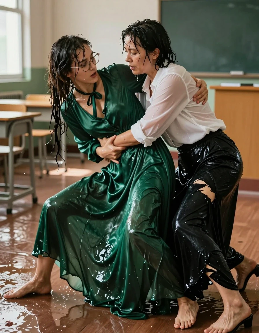 A photorealistic, high-detail wide shot of two women erotically wrestling on the floor of an empty, sunlit classroom. The primary subject is a young adult European woman wearing an oversized, long-sleeved silk green maxi dress with a bowtie and glasses, her heels visible during the struggle. She is wrestling with a second woman in her 40s dressed in a long-sleeved white blouse and a long black skirt. Both women and their garments are thoroughly soaked, with water-drenched hair clinging to their faces and skin. The silk green dress is heavily saturated, appearing darker with deep emerald tones, clinging to her form, and exhibiting heavy wet folds and a high-sheen liquid gloss. The white blouse and black skirt are equally water-logged, torn at the seams and fabric, revealing skin beneath. The environment is damp, with puddles on the classroom floor reflecting the harsh overhead lighting. The composition captures the dynamic, intense struggle with realistic wet-skin textures, water droplets, and the heavy, clinging weight of the drenched textiles. Sharp focus, 8k resolution, cinematic lighting, intense atmosphere.