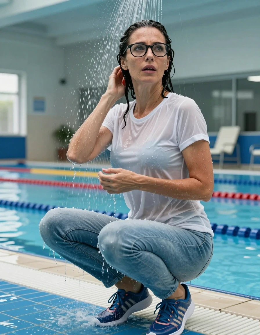 photo of young woman, in soaking wet, drenched clothes,
sport shoes, light blue jeans, white t-shirt, taking shower after swim in indoor swimming pool, enjoying wet clothes stuck body, enjoying, wet clothes stuck to body, 
enjoying, wet clothes stuck to body,
detailed textures of the wet clothes, wet face, wet plastered hair,
wet, drenched, professional, high-quality details, full body view.
sharp focus, ultra-high pixel detail, realistic, high-quality, full colors, incredibly detailed, 4k, 8k, 16k, hyper-realistic, RAW photo, masterpiece, ultra-detailed, professionally color graded, professional photograph, europen brunette skinny woman 50 years old, long dark black hair, very big and thick lips,  office glasses, complete body, wet skin, wet clothes, damp fabric, wet skin, wet clothes, damp fabric, wet skin, wet clothes, damp fabric, wet skin, wet clothes, damp fabric, wet skin, wet clothes, damp fabric