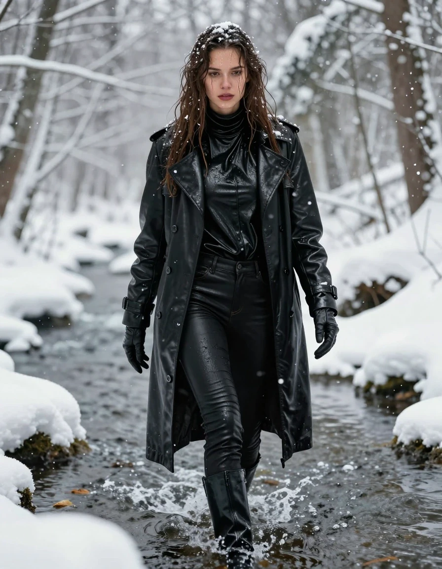 A stunning, photorealistic full-body portrait of a young adult European woman with long, dripping wet brown hair, walking through a freezing river in a dense, snow-covered forest during heavy snowfall. Her skin is visibly wet, glistening with a cold water sheen. She is dressed in an oversize black leather polar neck shirt, a heavy black leather trench coat, and black leather gloves. She wears black leather jeans and black leather knee-high boots, all heavily soaked, with the leather appearing dark, saturated, and clinging to her form with realistic heavy folds and glossy specular reflections from the melting snow and river water. Snowflakes cling to her hair, face, and clothing. The atmosphere is freezing and wintry, with thick snow covering the forest floor and riverbanks. High-detail photography, sharp focus, cinematic lighting, dramatic cold color palette, realistic wet texture, high contrast, non-nude, fully clothed.