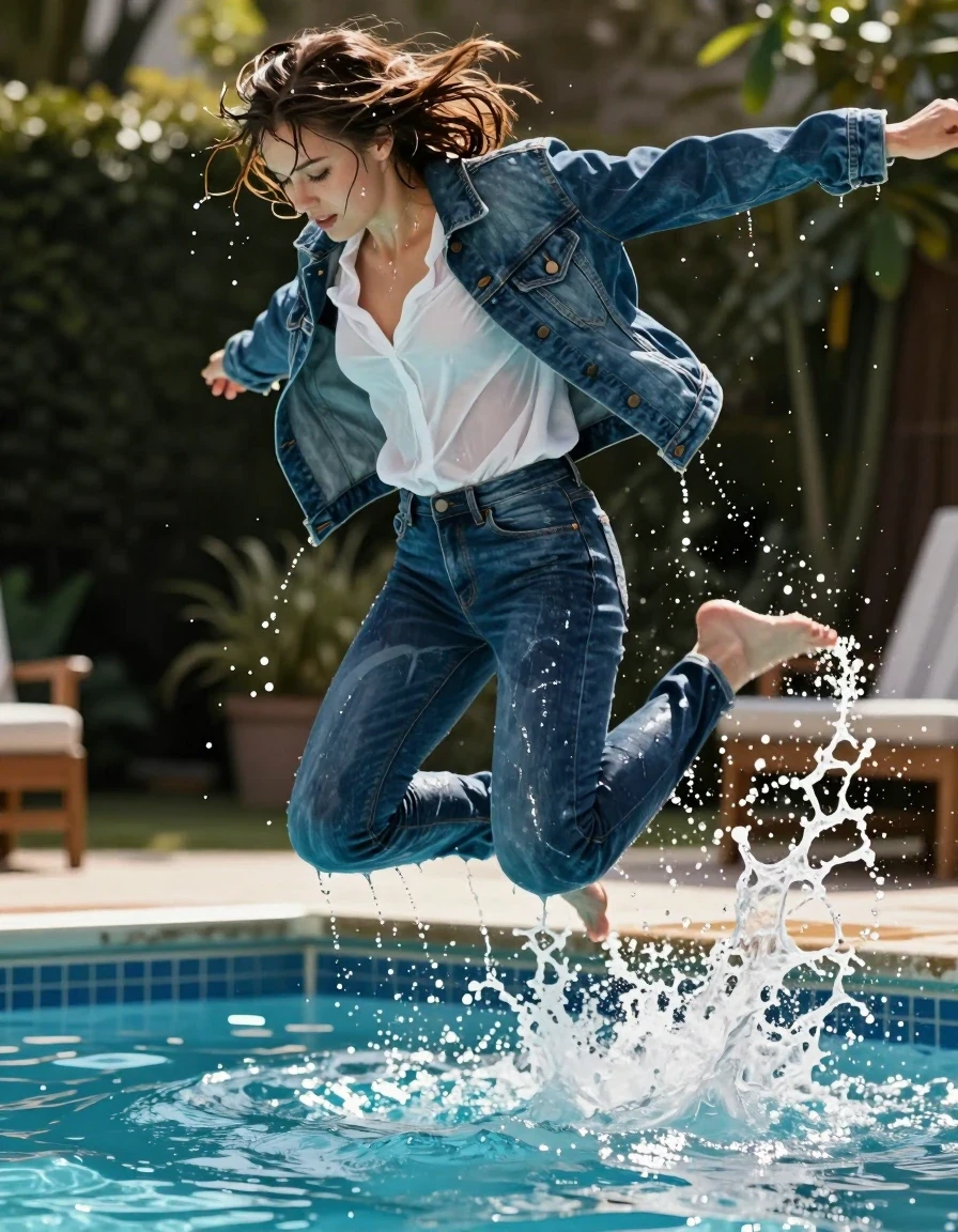A cinematic high-speed action shot of a young adult European woman in mid-air, captured in the exact moment of jumping into a backyard pool party, fully clothed, creating a massive splash. She is wearing a denim jacket over a white blouse, with the white fabric becoming translucent, clinging to her skin, and heavy with water. She is wearing soaking-wet blue denim jeans, water-saturated heavyweight denim, blue changed to deep navy and indigo, substantially darker unevenly soaked patches, absorbed water, heavy wet folds, visible weave and stitching, and strong glossy specular reflections on the raised weave, seams, and creases. She is barefoot. Her hair is completely drenched, dripping wet, plastered against her neck and face, with heavy water droplets flying off her strands as she moves. The scene is illuminated by bright, high-contrast sunlight reflecting off the pool water, accentuating the drenched, clinging texture of her clothing and her glistening, wet skin. The composition is a dynamic wide-angle shot capturing the entire motion of the jump, with water droplets suspended in the air, emphasizing the weight and saturation of the soaked fabrics.