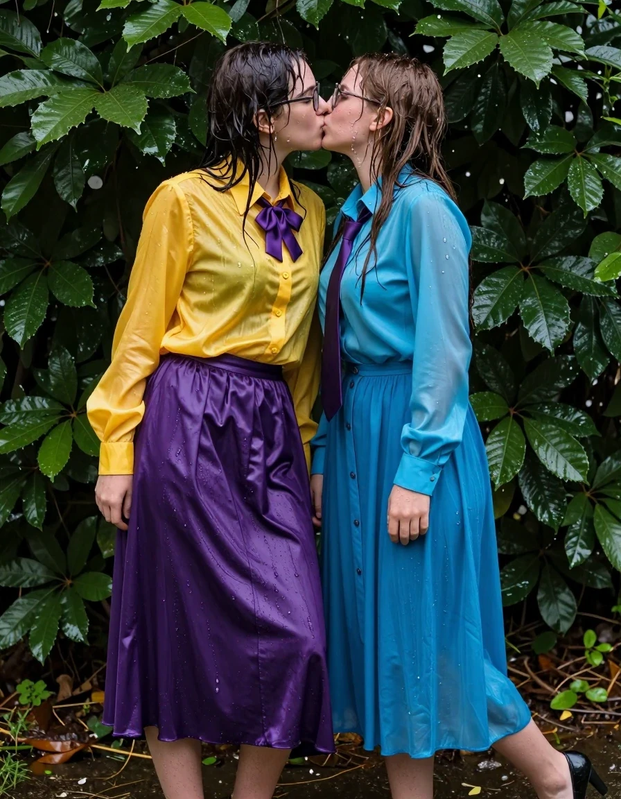 A photorealistic, highly detailed cinematic shot of two young adult European women, both nerdy teachers, caught in a passionate, secret kiss while hiding behind a lush green bush in a schoolyard. The first woman wears an oversized, long-sleeved silk yellow buttoned-down blouse with a purple bowtie, a satin purple maxi skirt, and glasses. The second woman wears a long-sleeved nylon buttoned-down cyan maxi dress with a necktie. Both women are wearing high-heeled shoes. Their hair and skin are drenched, glistening with realistic water sheen and droplets. Their clothing is heavily soaked, with the satin skirt, silk blouse, and nylon dress appearing significantly darker, clinging to their bodies, and showcasing deep, heavy wet folds and intricate fabric textures. The lighting captures strong, glossy specular reflections on the wet surfaces of their clothes and skin. The atmosphere is intimate and clandestine, with the camera focused closely on their expressions and the tactile quality of their saturated, clinging garments. 8k resolution, sharp focus, realistic textures, wet aesthetic.