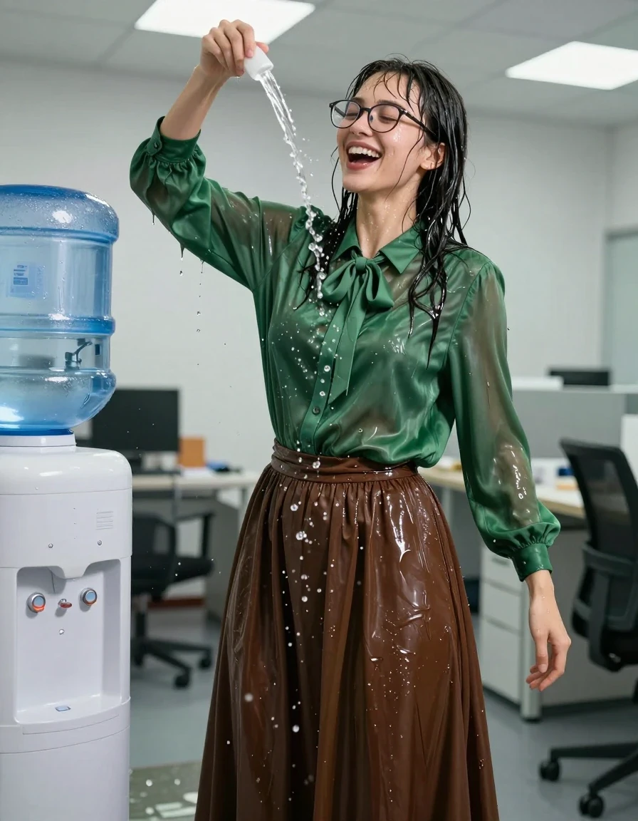 A photorealistic medium shot of a young adult European woman with glasses in an empty office, capturing a moment of playful chaos. She is wearing an oversized long-sleeved silk green blouse with a delicate bowtie and a voluminous maxi brown skirt layered over a petticoat. She is completely soaking wet, with her hair plastered to her face and shoulders, and her skin glistening with water sheen. The silk blouse is heavily saturated, clinging to her form with deep, dark, translucent patches and heavy folds. The maxi brown skirt and petticoat are weighed down by water, dark and dripping, with fabric clinging to her legs. She is standing near a water dispenser, pouring a stream of water directly over herself, her face lit with a genuine, joyful laugh. The office environment is clean and sterile, contrasting with the messy, pouring water. The lighting is bright, high-key office fluorescent, creating sharp, specular highlights on her wet skin, the glass of her spectacles, and the saturated, heavy folds of the wet silk and fabric. 8k resolution, cinematic lighting, highly detailed textures, realistic water physics.