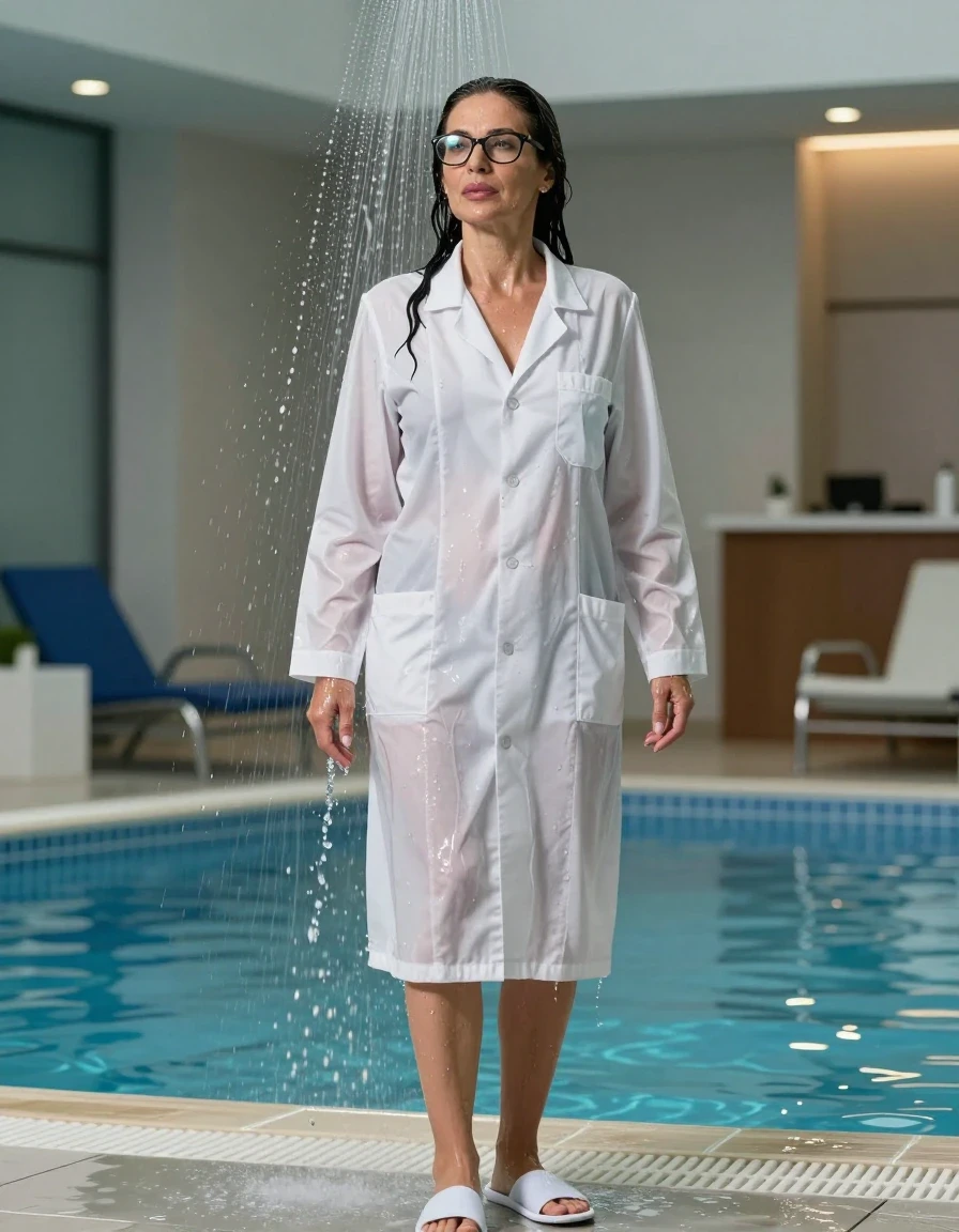 photo of young woman, in soaking wet, drenched clothes,
slippers, , maxi white labcoat with long sleeves, under shower in indoor swimming pool, enjoying wet clothes stuck body, enjoying, wet clothes stuck to body, 
enjoying, wet clothes stuck to body,
detailed textures of the wet clothes, wet face, wet plastered hair,
wet, drenched, professional, high-quality details, full body view.
sharp focus, ultra-high pixel detail, realistic, high-quality, full colors, incredibly detailed, 4k, 8k, 16k, hyper-realistic, RAW photo, masterpiece, ultra-detailed, professionally color graded, professional photograph, europen brunette skinny woman 50 years old, long dark black hair, very big and thick lips,  office glasses, complete body, wet skin, wet clothes, damp fabric, wet skin, wet clothes, damp fabric, wet skin, wet clothes, damp fabric, wet skin, wet clothes, damp fabric, wet skin, wet clothes, damp fabric