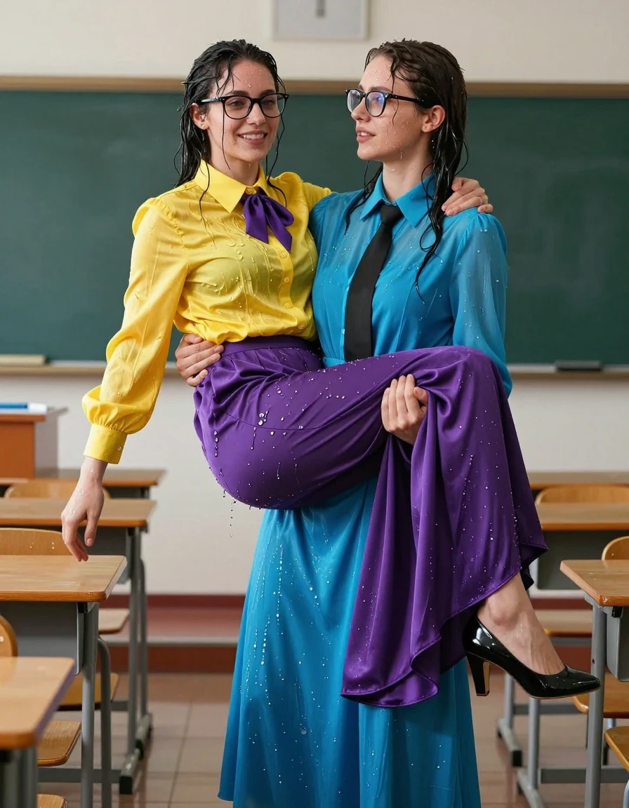 photo of young woman, in soaking wet, drenched clothes,
heels, 1st woman: satin purple maxi skirt 2nd: a long-sleeved buttoned-down cyan maxi dress with a necktie, 1st woman: oversized long sleeved silk yellow buttoned-down blouse with purple bowtie, glasses; 2nd: a long-sleeved buttoned-down cyan maxi dress with a black necktie, empty teachers' room, 
enjoying, wet clothes stuck to body,
detailed textures of the wet clothes, wet face, wet plastered hair,
wet, drenched, professional, high-quality details, full body view.
sharp focus, ultra-high pixel detail, realistic, high-quality, full colors, incredibly detailed, 4k, 8k, 16k, hyper-realistic, RAW photo, masterpiece, ultra-detailed, professionally color graded, professional photograph, two lesbian teachers: first woman is carried by the 2nd woman, wet skin, wet clothes, damp fabric, wet skin, wet clothes, damp fabric, wet skin, wet clothes, damp fabric