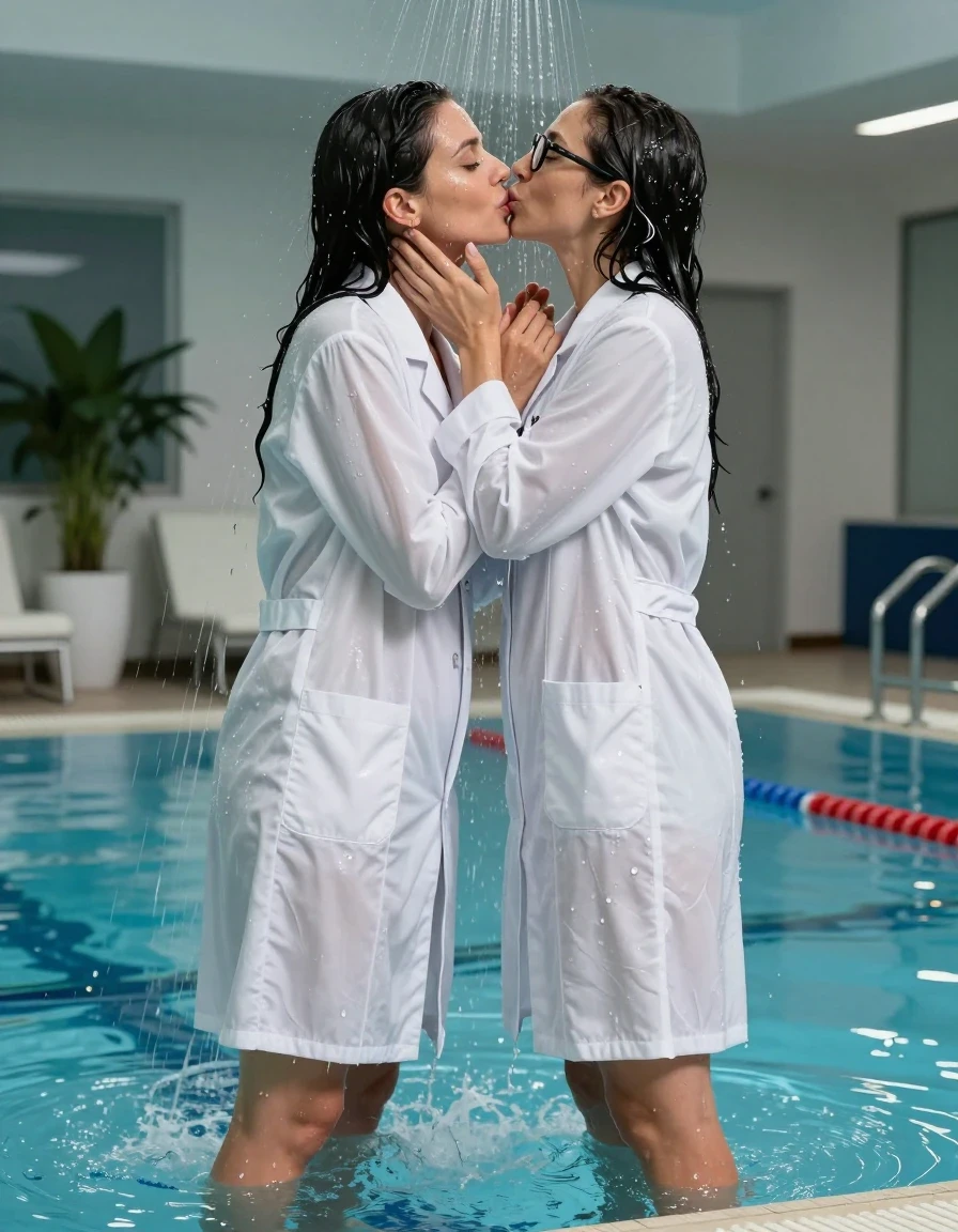 photo of young woman, in soaking wet, drenched clothes,
slippers, , maxi white labcoat with long sleeves, kissing under shower in indoor swimming pool, enjoying wet clothes stuck body, enjoying, wet clothes stuck to body, 
enjoying, wet clothes stuck to body,
detailed textures of the wet clothes, wet face, wet plastered hair,
wet, drenched, professional, high-quality details, full body view.
sharp focus, ultra-high pixel detail, realistic, high-quality, full colors, incredibly detailed, 4k, 8k, 16k, hyper-realistic, RAW photo, masterpiece, ultra-detailed, professionally color graded, professional photograph, two europen brunette skinny women 50 years old, long dark black hair, very big and thick lips,  office glasses, complete body, wet skin, wet clothes, damp fabric, wet skin, wet clothes, damp fabric, wet skin, wet clothes, damp fabric, wet skin, wet clothes, damp fabric, wet skin, wet clothes, damp fabric