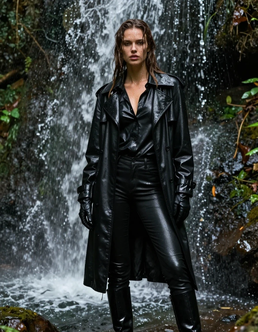 A stunning, photorealistic portrait of a young adult European woman with long, dripping wet brown hair, standing directly under a powerful forest waterfall. Her skin is glistening and drenched with water, beads of moisture clinging to her face and arms. She is dressed in an oversized black leather polar neck shirt, a long black leather trench coat, and black leather gloves on both hands. She wears tight black leather jeans tucked into polished black leather knee-high boots. The leather garments are heavily soaked, showing deep, dark tones, visible water sheen, heavy clinging folds, and bright specular reflections from the cascading water. The setting is a lush, vibrant forest with water pouring over her, creating a dramatic, drenched aesthetic. The lighting is natural, filtered through the forest canopy, highlighting the texture of the wet leather and the water droplets. High-detail photography, cinematic composition, sharp focus, 8k resolution, realistic wet textures, no nudity, fully clothed, modest attire.