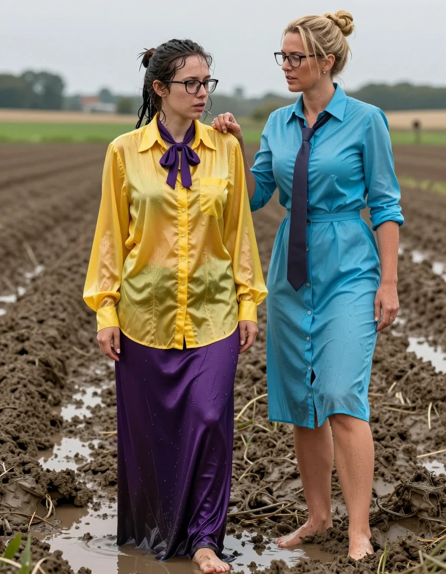 photo of young woman, in soaking wet, drenched clothes,
barefoot, satin purple maxi skirt, oversized long sleeved silk yellow buttoned-down blouse with purple bowtie, glasses, muddy fields, 
enjoying, wet clothes stuck to body,
detailed textures of the wet clothes, wet face, wet plastered hair,
wet, drenched, professional, high-quality details, full body view.
sharp focus, ultra-high pixel detail, realistic, high-quality, full colors, incredibly detailed, 4k, 8k, 16k, hyper-realistic, RAW photo, masterpiece, ultra-detailed, professionally color graded, professional photograph, S&M: two lesbian teachers: the nerdy young woman the her 30s in the yellow shirt is the servant in a muddy puddle and another muscular blonde woman, the master wearing a long-sleeved buttoned-down cyan dress with a necktie, wet skin, wet clothes, damp fabric, wet skin, wet clothes, damp fabric
