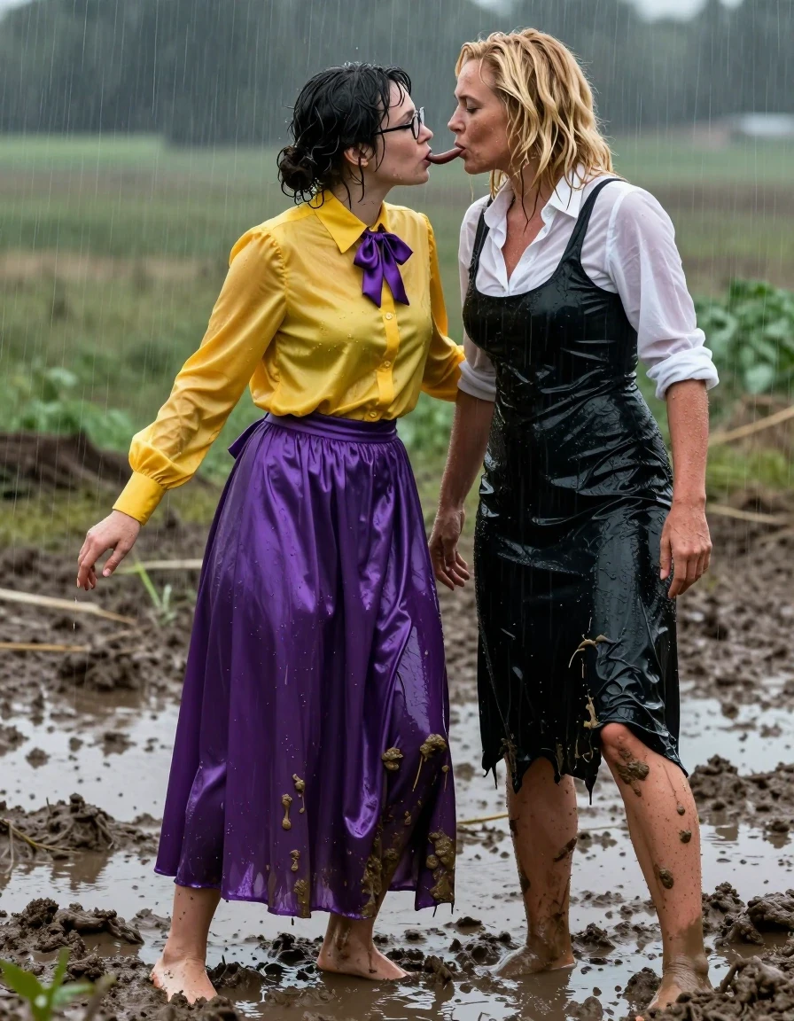 A high-detail, hyper-realistic wide shot of two women in a muddy field during a rainstorm. The first woman, a nerdy European woman in her 30s, wears an oversized long-sleeved yellow silk buttoned-down blouse with a purple bowtie, glasses, and a long satin purple maxi skirt, barefoot in the thick mud. She is the servant, positioned on the ground in a muddy puddle, making out with the second woman. The second woman, a muscular blonde in her 40s, is the master, wearing a long-sleeved white buttoned-down shirt and a black dress. Both women have soaked, wet skin, wet hair, and damp, clinging clothing. The silk blouse and satin skirt are heavy with water, showing deep saturated colors, translucent clinging, and realistic wet fabric folds. The mud is thick and splattered across their legs and clothes. The lighting is moody and overcast, highlighting the glossy sheen of their wet skin and the dark, soaked textures of the fabrics. Cinematic composition, 8k resolution, photographic detail, sharp focus on the intimate interaction and the wet, muddy environment.