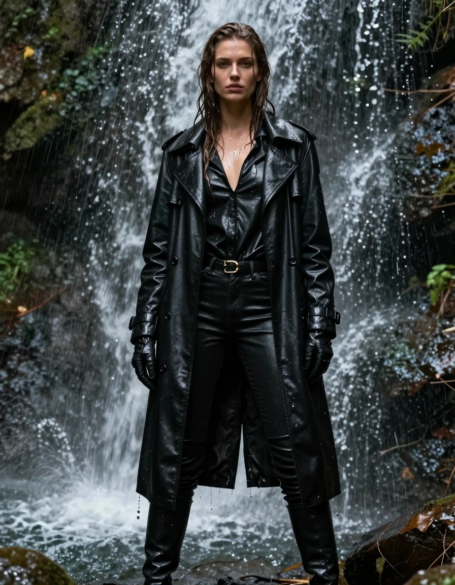 A hyper-realistic full-body shot of a young adult European woman with long, dripping wet brown hair, standing directly under a powerful forest waterfall. Her skin is glistening with water, and her features are defined by the wet, drenched environment. She is wearing an oversize black leather polar neck shirt, a heavy black leather trench coat, black leather jeans, and black leather knee-high boots, with leather gloves on both hands. The leather garments are completely saturated, showcasing heavy wet folds, deep glossy specular reflections, and water cascading over the material surfaces. The fabric clings to her form, appearing significantly darkened and heavy with moisture. She is positioned in a lush forest setting with water streaming down over her, creating a pervasive wet sheen and realistic water weight on all clothing. The lighting is natural and moody, highlighting the high-contrast textures of the drenched leather and the shimmering water droplets. The scene is captured with sharp focus on the wet textures and realistic anatomy, ensuring the subject is fully clothed and modest throughout the composition.