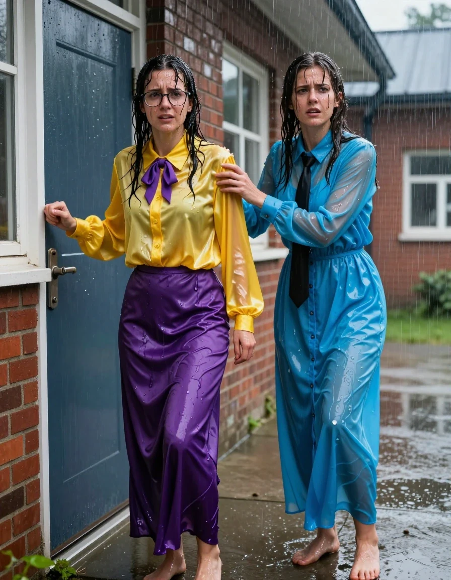 Hyper-realistic full-body shot of two young adult European female teachers stranded outside a brick school building during a torrential rainstorm. First woman is wearing an oversized long-sleeved silk yellow buttoned-down blouse with a purple bowtie, a satin purple maxi skirt, and glasses; second woman is wearing a long-sleeved buttoned-down cyan maxi dress with a black necktie. Both women are barefoot, standing on wet concrete. The scene is saturated with heavy rain; the silk blouse and satin skirt are clinging to the first woman’s body, showing deep color shifts and heavy, dark, water-soaked folds. The cyan maxi dress is drenched, showing heavy wet weight, translucent clinging to the skin, and glossy specular highlights from the rain. Both women have wet, matted hair plastered to their faces and skin glistening with water sheen. They are frantically trying to open the locked school door, expressions of frustration and urgency. The environment features a dark, gloomy schoolyard with puddles reflecting the dim, overcast sky. Cinematic lighting, high-contrast wet textures, 8k resolution, professional photography, sharp focus on fabric textures and rain droplets, photorealistic skin pores and moisture.