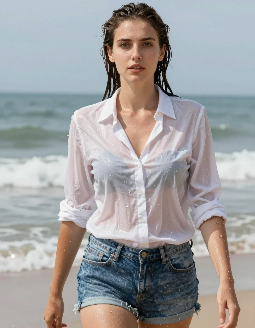 photo of young woman, in soaking wet, drenched clothes,
jean shorts, white shirt, beach, 
enjoying, wet clothes stuck to body,
detailed textures of the wet clothes, wet face, wet plastered hair,
wet, drenched, professional, high-quality details, full body view.
sharp focus, ultra-high pixel detail, realistic, high-quality, full colors, incredibly detailed, 4k, 8k, 16k, hyper-realistic, RAW photo, masterpiece, ultra-detailed, professionally color graded, professional photograph, wet skin, wet clothes, damp fabric