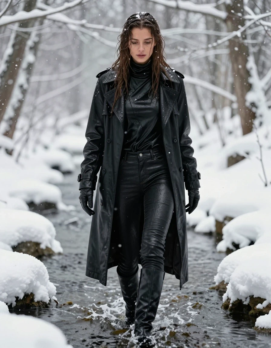 A stunning, photorealistic full-body shot of a young adult European woman with long, dripping wet brown hair and glistening wet skin, walking through a freezing river in a dense, snow-covered forest during a heavy snowfall. She is dressed in an oversize black leather polar neck shirt, black leather gloves, a long black leather trench coat, and black leather jeans, all visibly soaked and clinging to her body, with dark patches, heavy folds, and a high-gloss sheen from the water. She wears black leather knee-high boots that are partially submerged in the icy river water. The entire scene is covered in fresh, thick snow, with delicate snowflakes clinging to her hair and clothing. The lighting is cold and atmospheric, emphasizing the wet textures, the deep black tones of the leather, and the stark contrast of the white snow. High-resolution, cinematic photography, sharp focus on the wet skin and fabric textures, professional color grading, strictly non-nude, modest and fully clothed.