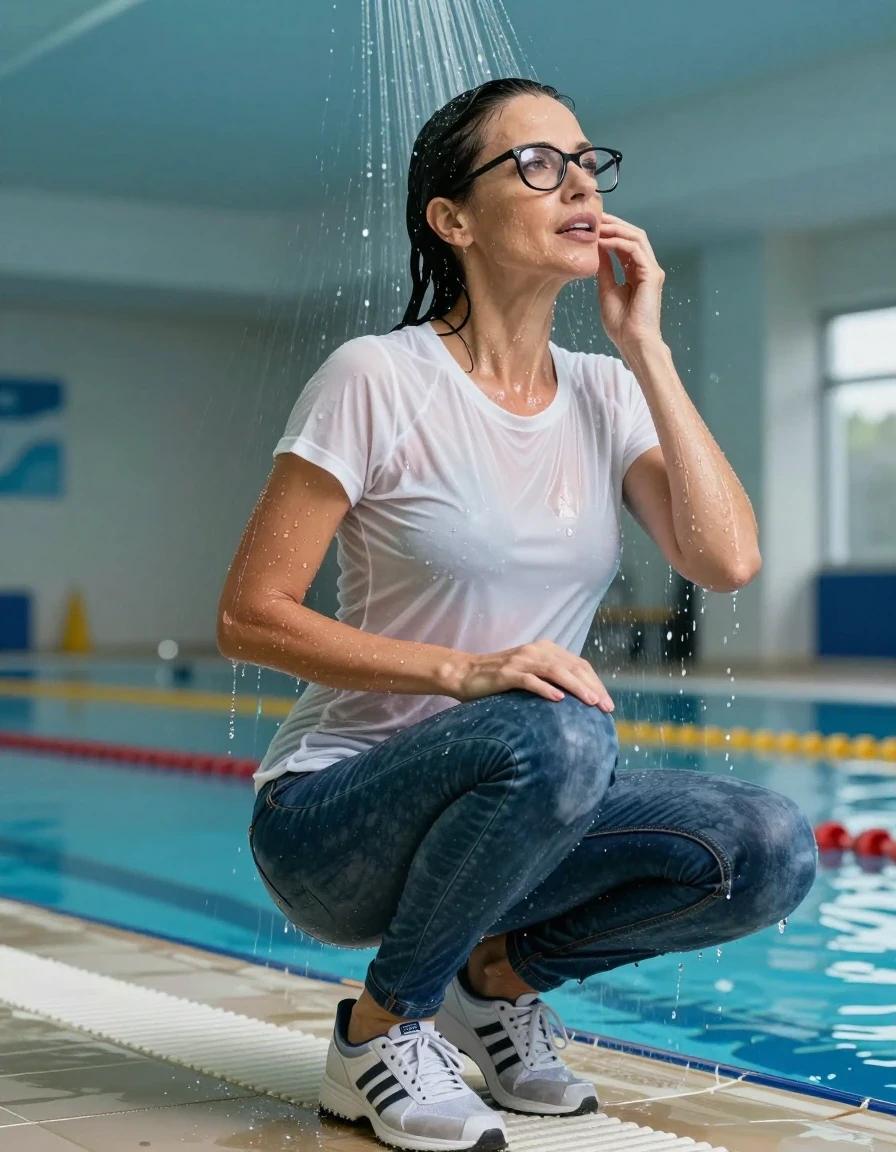 photo of young woman, in soaking wet, drenched clothes,
sport shoes, blue jeans, white t-shirt, taking shower after swim in indoor swimming pool, enjoying wet clothes stuck body, enjoying, wet clothes stuck to body, 
enjoying, wet clothes stuck to body,
detailed textures of the wet clothes, wet face, wet plastered hair,
wet, drenched, professional, high-quality details, full body view.
sharp focus, ultra-high pixel detail, realistic, high-quality, full colors, incredibly detailed, 4k, 8k, 16k, hyper-realistic, RAW photo, masterpiece, ultra-detailed, professionally color graded, professional photograph, europen brunette skinny woman 50 years old, long dark black hair, very big and thick lips,  office glasses, complete body, wet skin, wet clothes, damp fabric, wet skin, wet clothes, damp fabric, wet skin, wet clothes, damp fabric, wet skin, wet clothes, damp fabric, wet skin, wet clothes, damp fabric