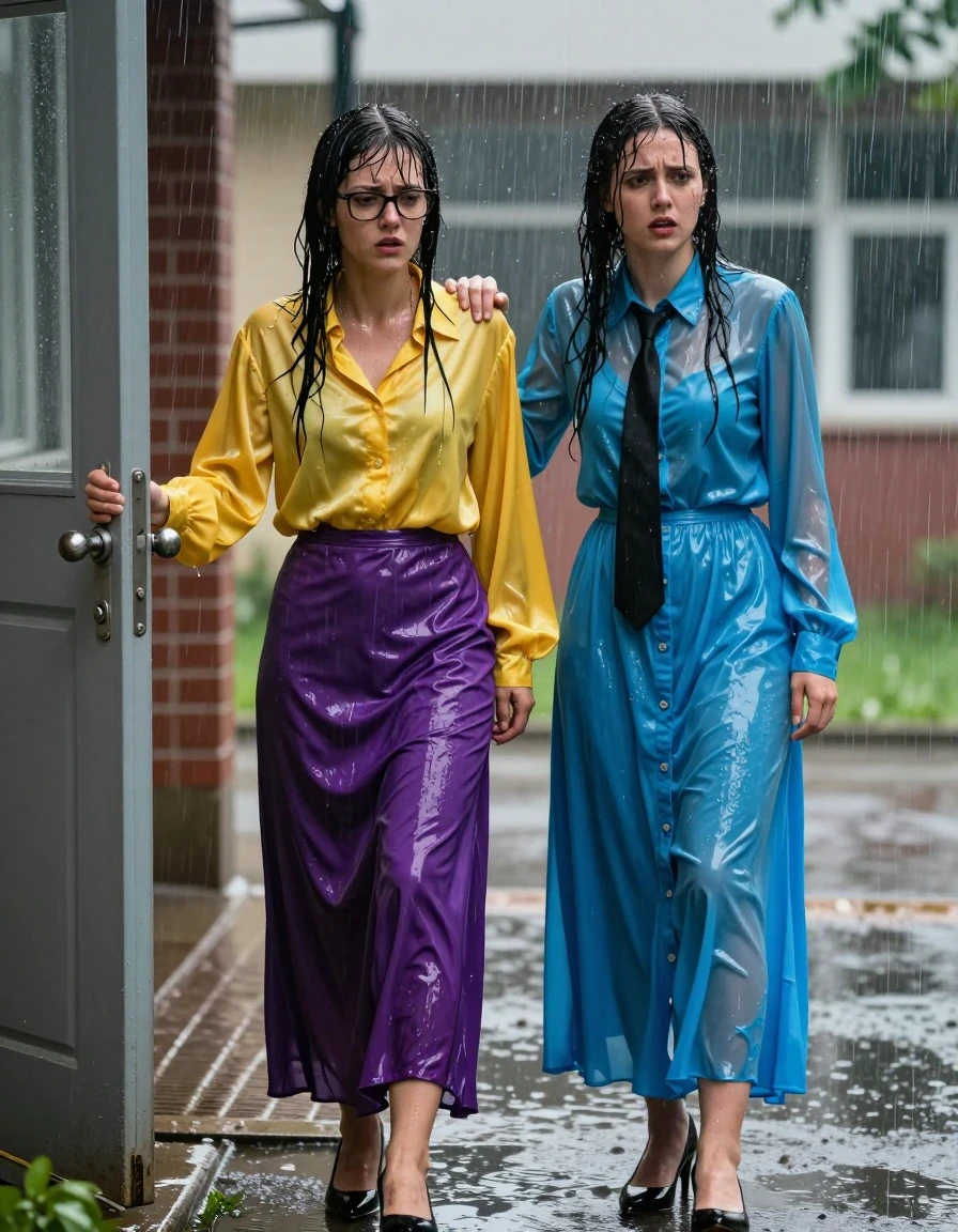 Photorealistic cinematic shot of two young adult European female teachers standing outside a schoolyard building during a heavy torrential downpour. The first woman wears an oversized long-sleeved silk yellow buttoned-down blouse that is untucked, a vibrant purple satin maxi skirt, and glasses, with her hair and clothes completely soaked, clinging to her skin with heavy wet folds and a high-sheen liquid gloss. The second woman wears a long-sleeved buttoned-down cyan maxi dress with a black necktie, the fabric dark, water-saturated, and clinging to her silhouette with transparent wet patches. Both women are wearing high-heeled shoes, struggling to open a locked school door, expressions of frustration and urgency. The scene is captured in high-detail 8k, highlighting the wet skin, dripping hair, and the dark, heavy texture of the rain-drenched fabric. Intense lighting reflects off the wet surfaces, creating strong glossy specular highlights on the saturated silk and satin materials. The schoolyard background is blurred with heavy rain streaks, realistic water runoff, and puddles forming on the ground around their heels.
