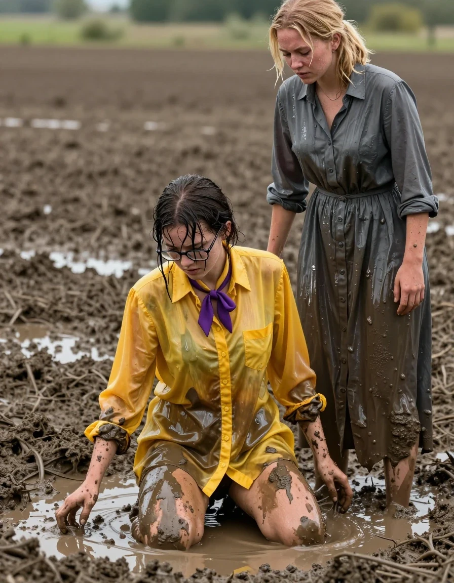 A hyper-realistic cinematic wide shot of two young adult European women in a muddy field. One woman, a teacher wearing an oversized long-sleeved yellow silk buttoned-down blouse with a purple bowtie and glasses, is being humiliated as she kneels in a deep, viscous muddy puddle. Her clothes are completely drenched, with the yellow silk clinging tightly to her skin, showing heavy wet folds, darkened patches, and a translucent wet texture. Standing over her is a blonde woman wearing a long-sleeved buttoned-down maxi nylon gray dress, also soaking wet, with the fabric clinging to her frame and heavy with moisture. Both women have wet skin, damp matted hair, and clothes that are darkened and saturated with liquid. The muddy environment features splattered mud on their limbs and garments, with realistic water sheen and specular highlights on their wet skin and clothing surfaces. High-contrast natural lighting, detailed skin pores, realistic fabric textures, 8k resolution, documentary photography style.