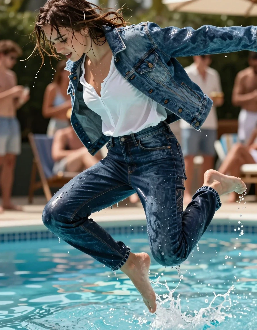 A young adult European woman captured mid-air in a dynamic jump into a swimming pool at a lively pool party. She is barefoot, wearing a white blouse layered under a soaking-wet denim jacket, with soaking-wet blue denim jeans, water-saturated heavyweight denim, blue changed to deep navy and indigo, substantially darker unevenly soaked patches, absorbed water, heavy wet folds, visible weave and stitching, and strong glossy specular reflections on the raised weave, seams, and creases. Her hair is extremely wet, drenched, and dripping with heavy water streams, with zero dry hair visible, clinging to her face and shoulders. The fabric of her clothes is heavy, clinging to her skin with visible water sheen and dark, saturated textures. The scene is set at a sunlit pool, capturing the moment of impact with water splashing around her. High-speed photography, sharp focus, cinematic lighting, vibrant atmosphere, realistic skin texture with water droplets, ultra-detailed fabric rendering.