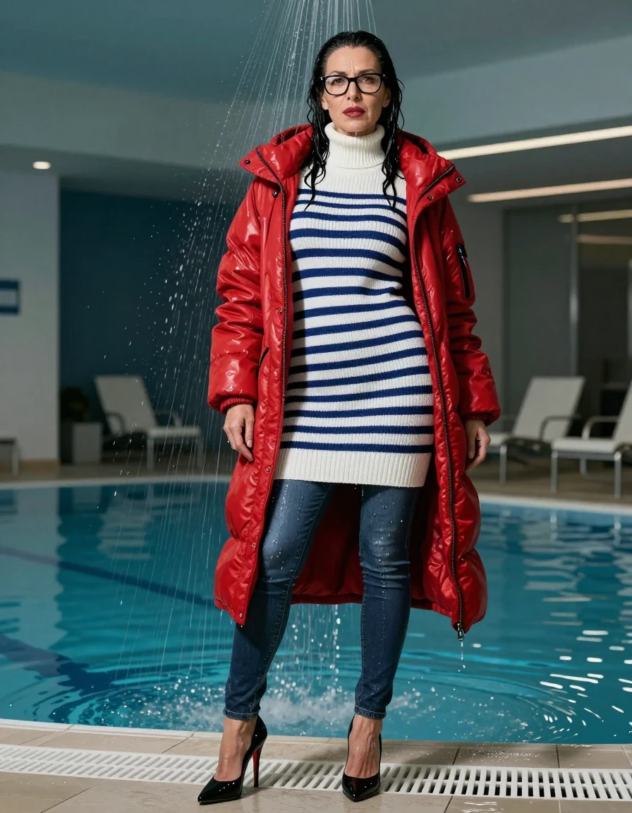 photo of young woman, in soaking wet, drenched clothes,
high-heeled butts, long tight shiny jeans, maxi high-neck white & dark blue striped sweater dress, maxi red down jacket, under shower indoor swimming pool, enjoying wet clothes stuck body, enjoying, wet clothes stuck to body, 
enjoying, wet clothes stuck to body,
detailed textures of the wet clothes, wet face, wet plastered hair,
wet, drenched, professional, high-quality details, full body view.
sharp focus, ultra-high pixel detail, realistic, high-quality, full colors, incredibly detailed, 4k, 8k, 16k, hyper-realistic, RAW photo, masterpiece, ultra-detailed, professionally color graded, professional photograph, europen brunette skinny woman 50 years old, long dark black hair, very big and thick lips,  office glasses, complete body, wet skin, wet clothes, damp fabric, wet skin, wet clothes, damp fabric, wet skin, wet clothes, damp fabric, wet skin, wet clothes, damp fabric, wet skin, wet clothes, damp fabric