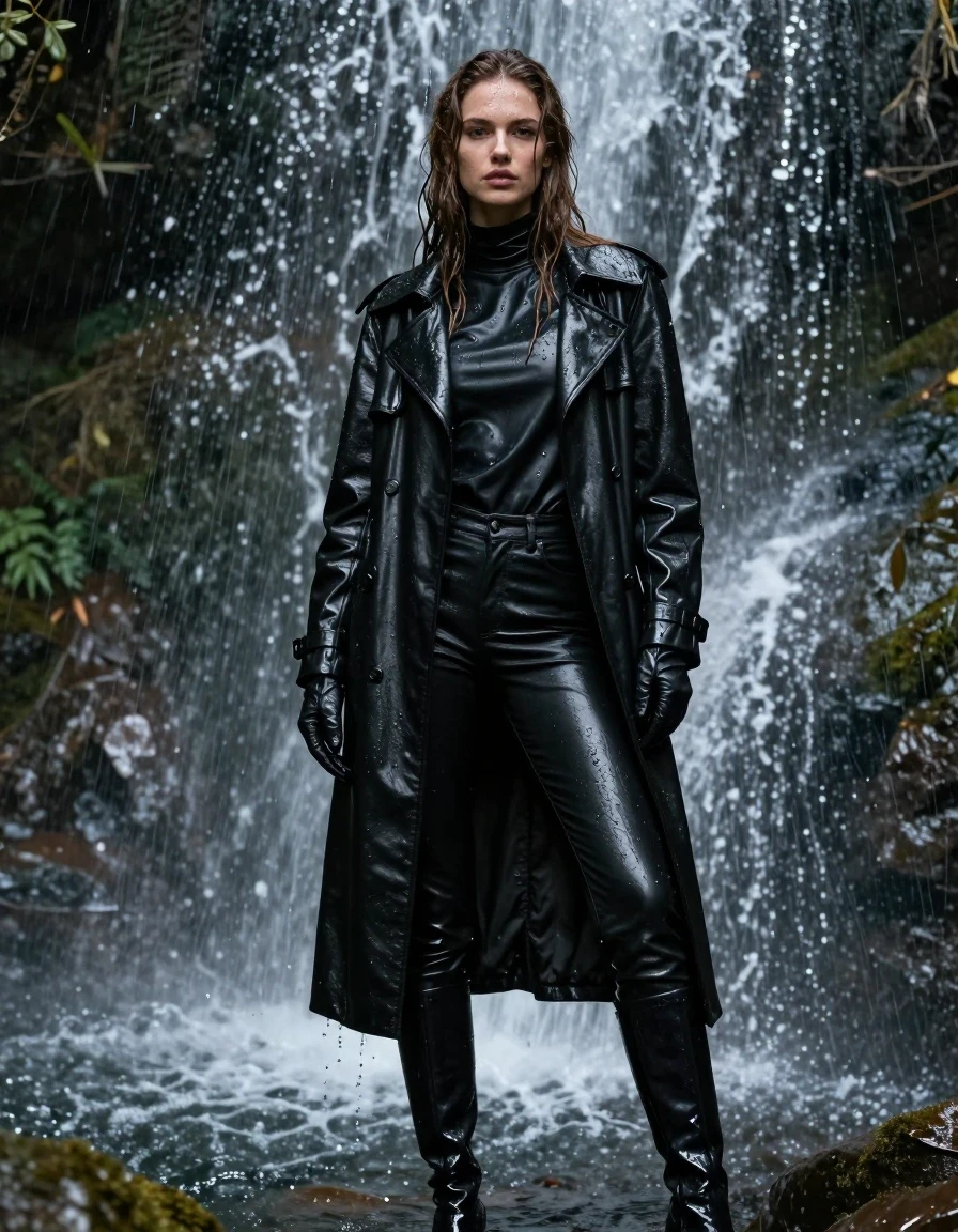 A stunning, photorealistic portrait of a young adult European woman with long, dripping wet brown hair, standing directly under a cascading forest waterfall. Her skin is glistening with water droplets and a natural wet sheen. She is dressed in an outfit of black leather: an oversize black leather polar neck shirt, a heavy black leather trench coat, black leather jeans, and black leather gloves on both hands. The leather garments are heavily drenched, showing deep, saturated tones, clinging to her form, with water streaming down the surfaces and pooling in the folds and creases, creating intense specular reflections and a high-gloss wetlook texture. She wears black leather knee-high boots that are slick and soaked. The atmosphere is misty and damp, with water constantly cascading over her, emphasizing the heavy, saturated texture of the soaked clothing. The scene is captured in sharp focus with cinematic lighting, highlighting the contrast between the dark, wet leather and the sparkling, splashing water of the forest environment. The image is strictly non-nude, focusing entirely on the fashion and the dramatic wet environment.