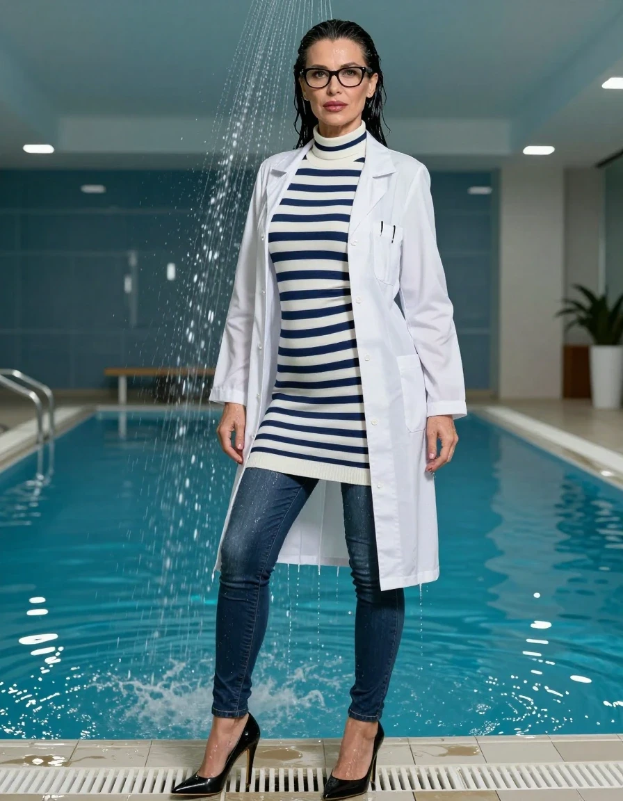 photo of young woman, in soaking wet, drenched clothes,
high-heeled butts, long tight shiny jeans, maxi high-neck white & dark blue striped sweater dress, maxi white labcoat with long sleeves, under shower indoor swimming pool, enjoying wet clothes stuck body, enjoying, wet clothes stuck to body, 
enjoying, wet clothes stuck to body,
detailed textures of the wet clothes, wet face, wet plastered hair,
wet, drenched, professional, high-quality details, full body view.
sharp focus, ultra-high pixel detail, realistic, high-quality, full colors, incredibly detailed, 4k, 8k, 16k, hyper-realistic, RAW photo, masterpiece, ultra-detailed, professionally color graded, professional photograph, europen brunette skinny woman 50 years old, long dark black hair, very big and thick lips,  office glasses, complete body, wet skin, wet clothes, damp fabric, wet skin, wet clothes, damp fabric, wet skin, wet clothes, damp fabric, wet skin, wet clothes, damp fabric, wet skin, wet clothes, damp fabric