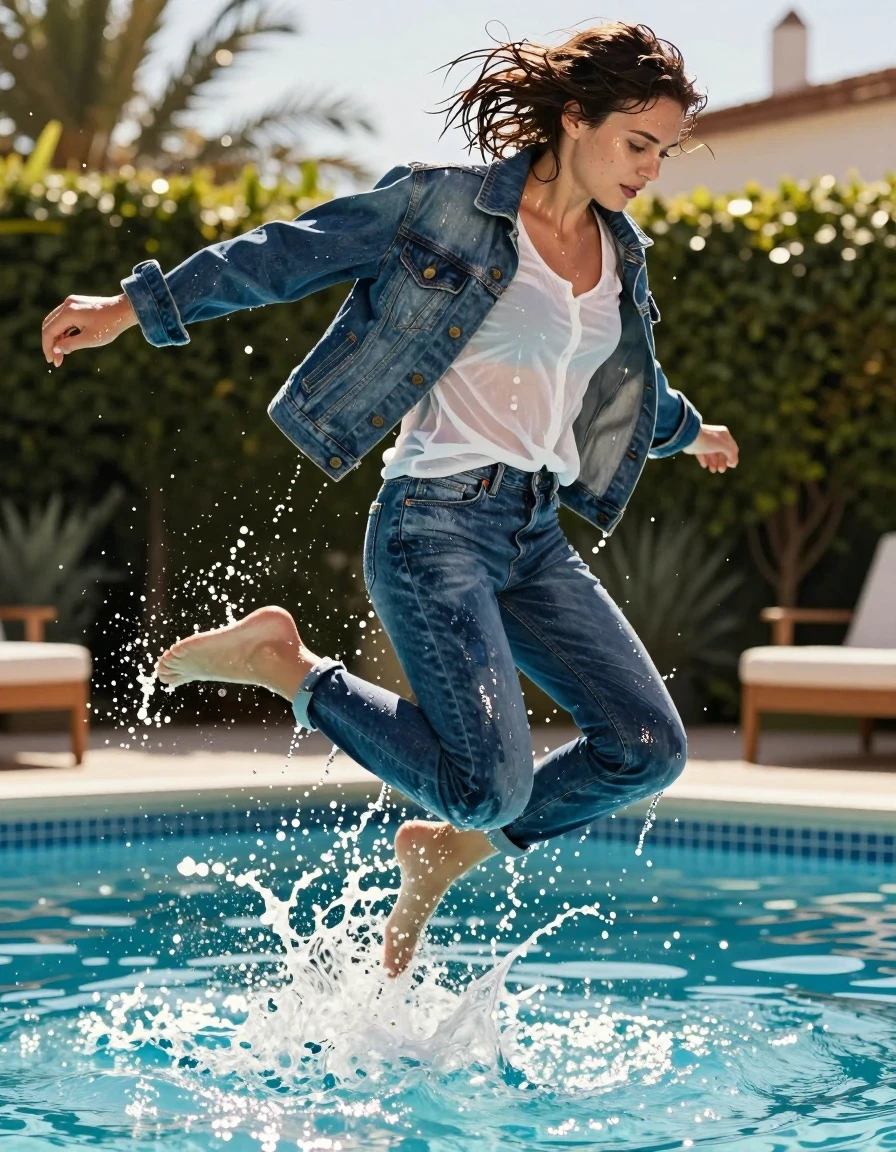 A young adult European woman captured mid-air in a dynamic, high-speed action shot while jumping fully clothed into a sparkling backyard swimming pool at a sunlit party. She is barefoot, wearing a soaking-wet blue denim jacket layered over a drenched, translucent white blouse. Her blue jeans are soaking-wet blue denim, water-saturated heavyweight denim, blue changed to deep navy and indigo, substantially darker unevenly soaked patches, absorbed water, heavy wet folds, visible weave and stitching, and strong glossy specular reflections on the raised weave, seams, and creases. Her hair is completely drenched, dark, and plastered to her scalp and neck, dripping with water, with zero dry hair visible. Her skin is glistening with a realistic water sheen, showing droplets and wet texture. The pool water splashes violently around her with dynamic droplets and mist, backlit by bright afternoon sun creating lens flares and high-contrast highlights. Photorealistic, 8k, cinematic motion capture, water-clinging fabric, heavy weight of saturated clothing, vibrant pool environment.