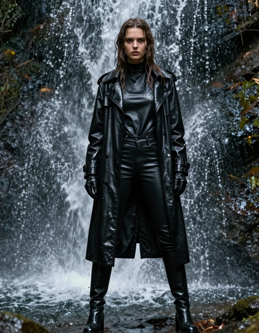 A photorealistic full-length shot of a young adult European woman with long, dripping wet brown hair, standing directly under a powerful forest waterfall. Her skin is glistening with water, and she is wearing an oversize black leather polar neck shirt, black leather jeans, a heavy black leather trench coat, and black leather gloves, all completely drenched. The leather garments are heavy with water, showing deep creases, clinging to her form, and covered in intense water sheen and specular highlights from the cascading water. She is wearing black leather knee-high boots, also soaked and reflecting the environment. The scene is set in a lush forest with water constantly streaming over her, creating a saturated, high-contrast look with visible water droplets and rivulets. Sharp focus, cinematic lighting, hyper-realistic textures, 8k resolution, professional photography, fully clothed, modest attire.