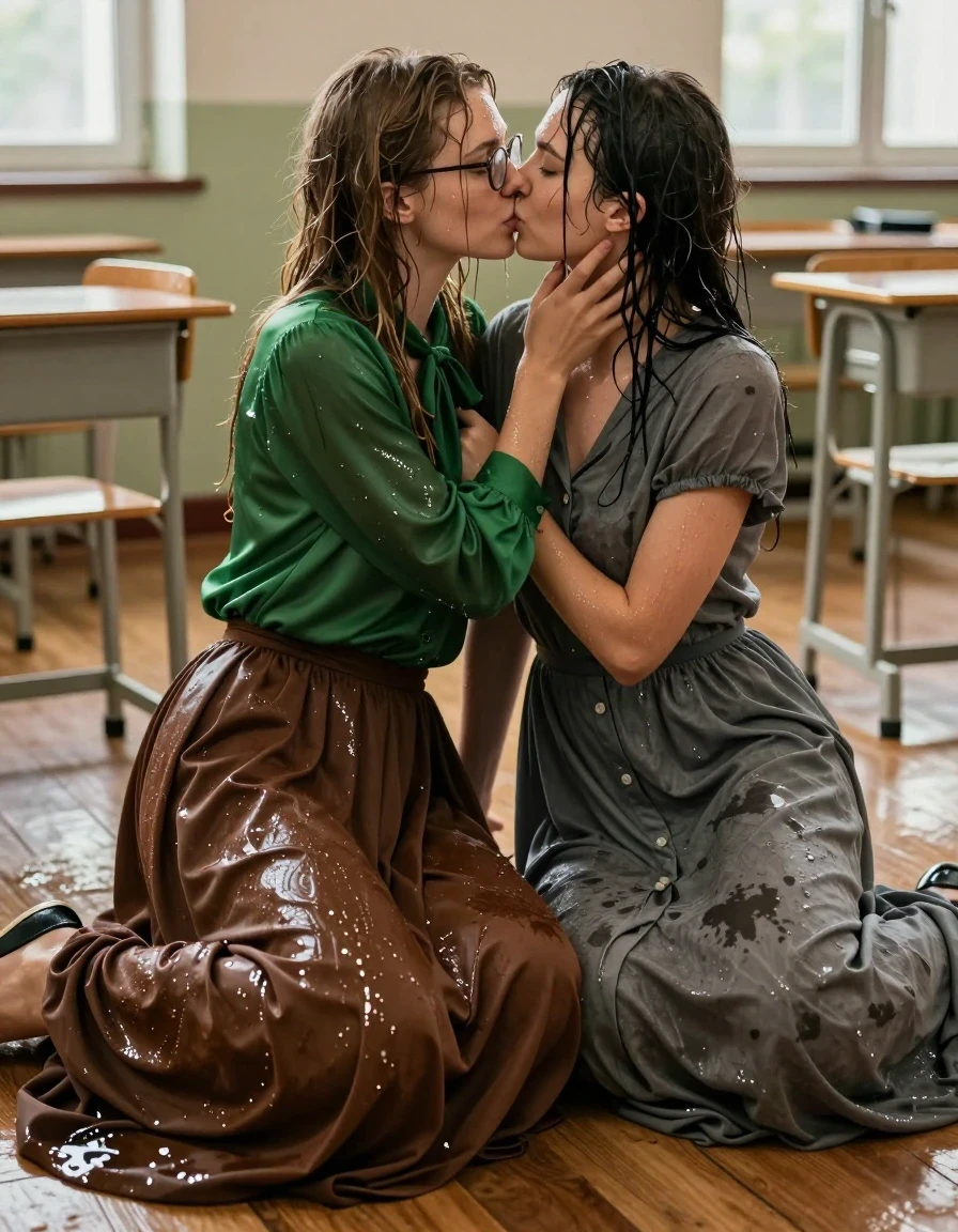 A photorealistic, highly detailed shot of two young adult European women passionately kissing on the floor of an empty, sunlit classroom. One woman wears an oversized long-sleeved silk green blouse with a bowtie, glasses, and a maxi brown skirt layered over a full petticoat. The other woman wears a grey buttoned-down maxi dress. Both women are drenched, their hair matted and clinging to their faces and necks, skin glistening with water, and clothes heavy with moisture. The brown skirt and grey dress are soaking wet, clinging to their bodies, fabric darkened and saturated with deep, uneven water patches, heavy wet folds, and visible texture. The women are in an intimate, dynamic embrace on the hardwood floor, surrounded by rows of empty wooden desks. The scene features cinematic lighting streaming through large windows, creating strong specular highlights on their wet skin and the saturated fabrics. Shot with a 50mm lens, sharp focus on the subjects, high-fidelity textures, realistic wetness, hyper-realistic skin pores and fabric weave.