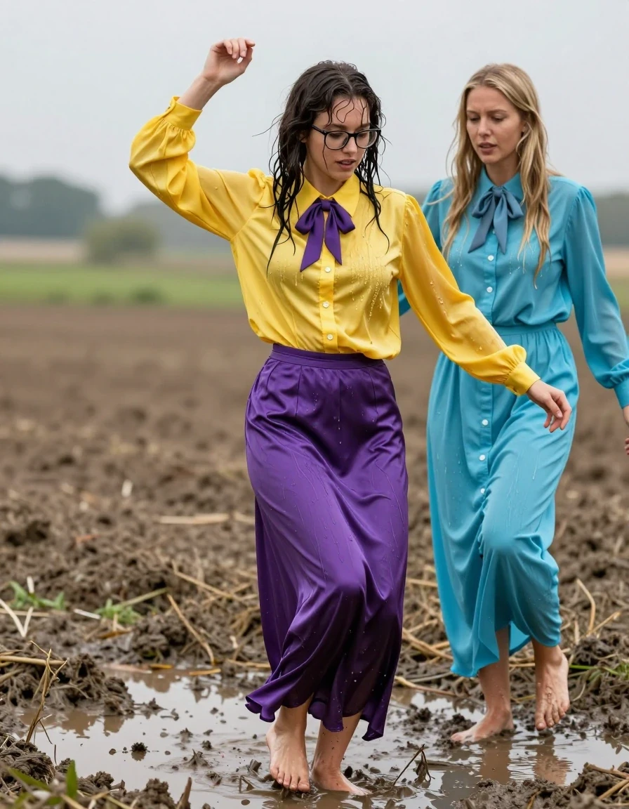 photo of young woman, in soaking wet, drenched clothes,
barefoot, satin purple maxi skirt, oversized long sleeved silk yellow buttoned-down blouse with purple bowtie, glasses, muddy fields, 
enjoying, wet clothes stuck to body,
detailed textures of the wet clothes, wet face, wet plastered hair,
wet, drenched, professional, high-quality details, full body view.
sharp focus, ultra-high pixel detail, realistic, high-quality, full colors, incredibly detailed, 4k, 8k, 16k, hyper-realistic, RAW photo, masterpiece, ultra-detailed, professionally color graded, professional photograph, two lesbian teachers: the nerdy young woman in the yellow shirt is dancing in a muddy puddle with another blonde woman wearing a long-sleeved buttoned-down cyan maxi dress with a necktie, wet skin, wet clothes, damp fabric, wet skin, wet clothes, damp fabric, wet skin, wet clothes, damp fabric