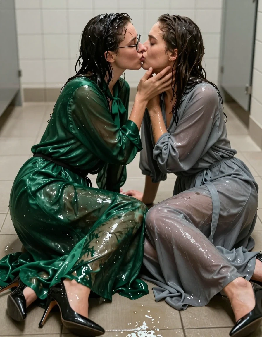 A hyper-realistic close-up shot of two young adult European women passionately kissing on the floor of an empty, tiled public restroom. One woman wears an oversized, long-sleeved silk green maxi dress with a bowtie and glasses, while the other wears a grey buttoned-down maxi dress. Both women and their garments are thoroughly soaked, with wet skin, damp hair, and glistening water sheen. The silk and fabric are heavy, clinging to their bodies, showing deep folds, translucent saturation, and darkened patches where the material is fully saturated with water. The green silk displays a rich, deep emerald tone from the moisture, while the grey fabric is heavy with dampness and clings to their frames. They are wearing high-heeled shoes, with the heels visible against the wet floor. The lighting is harsh and clinical, reflecting off the damp surfaces of the floor and the wet, clinging fabric, emphasizing the texture of the soaked materials and the slickness of their skin. Sharp focus on the intimate embrace, captured with a high-resolution cinematic aesthetic.