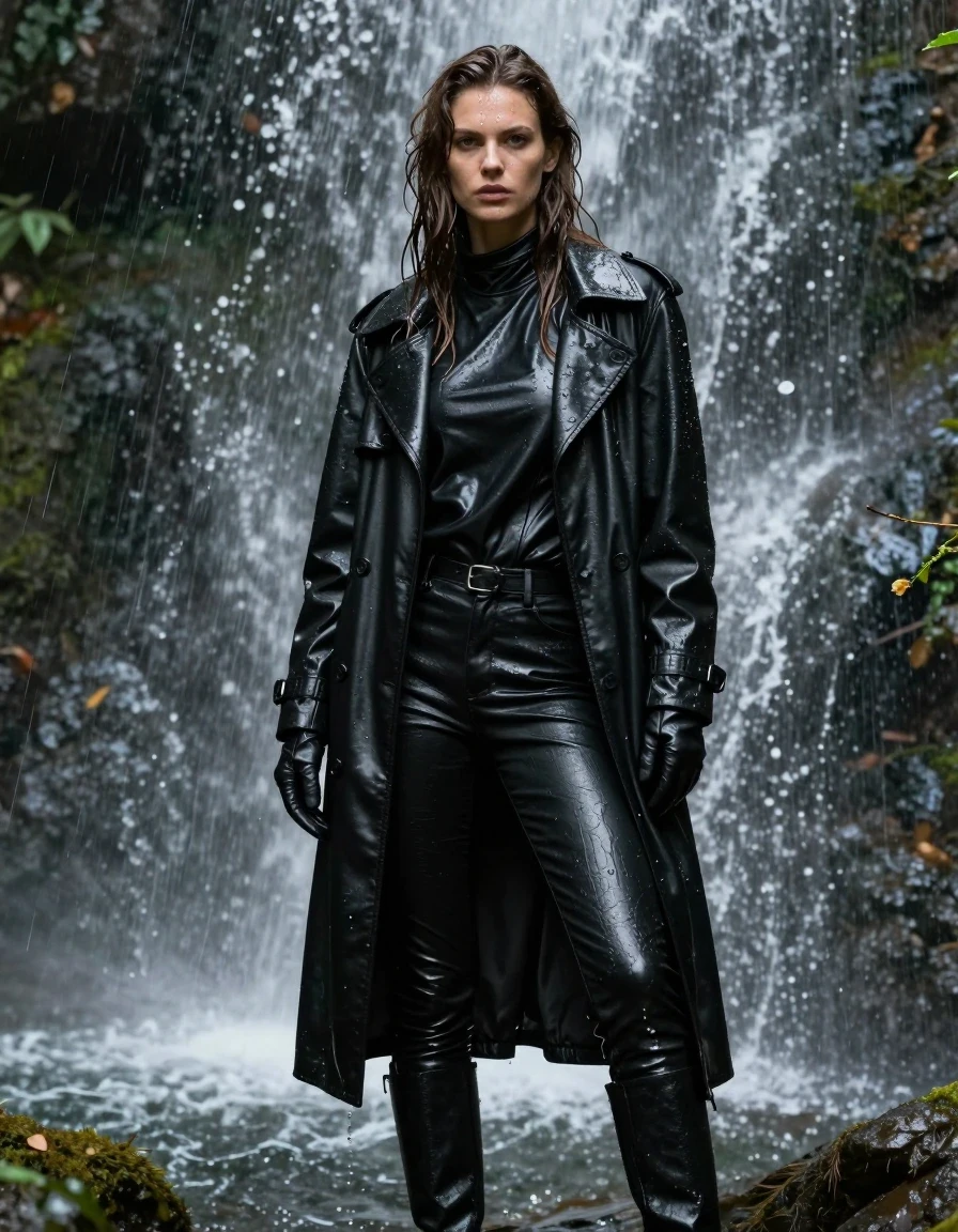 A photorealistic portrait of a young adult European woman with long dripping wet brown hair, standing directly under a cascading forest waterfall. Her skin is glistening with water, and her expression is focused. She is dressed in an oversized black leather polar neck shirt, layered beneath a heavy black leather trench coat, with black leather gloves on both hands. She wears black leather jeans that cling to her legs, showing deep wet sheen and texture, and black leather knee-high boots. The entire ensemble is completely drenched, with water cascading over the fabric, creating heavy folds, glistening highlights, and dark saturation across the leather surfaces. The environment is a lush, misty forest with water droplets spraying through the air. The lighting is natural and diffuse, emphasizing the high-gloss specular reflections on the wet leather and damp skin. Cinematic composition, 8k resolution, highly detailed textures, realistic water physics, sharp focus on the subject, no nudity, fully clothed.