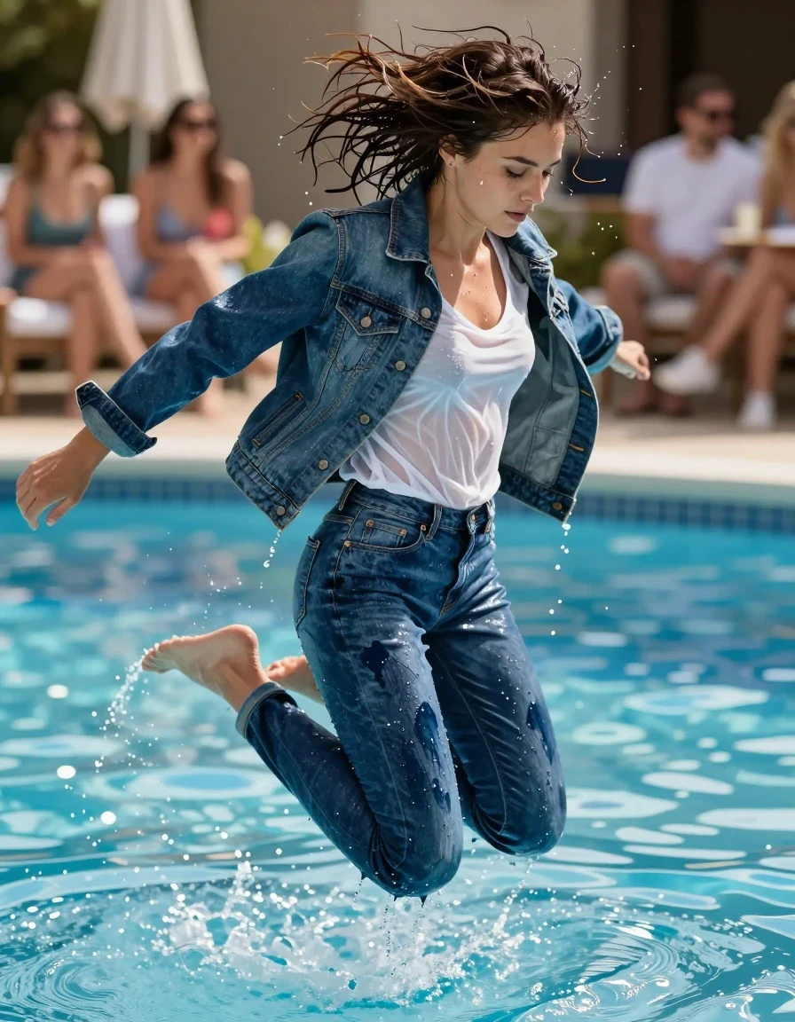 A young adult European woman captured mid-air in a dynamic jump into a sunlit swimming pool at a lively party. She is barefoot, wearing a soaking wet denim jacket over a drenched, translucent white blouse, and soaking-wet blue denim jeans; the jeans exhibit water-saturated heavyweight denim, the blue color deepened to rich navy and indigo with substantially darker unevenly soaked patches, visible heavy wet folds, clear weave and stitching, and strong glossy specular reflections on the raised seams and creases. Her hair is completely drenched, heavy, and dripping with water, with no dry strands visible. The clothing clings tightly to her frame, heavy with absorbed water. The environment is a vibrant pool party with shimmering water surface, high-speed action photography, sharp focus on the water droplets flying from her hair and clothing, cinematic lighting, realistic skin texture with water sheen, 8k resolution, hyper-realistic wet-look finish.