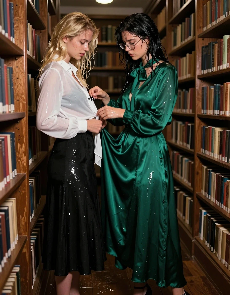A photorealistic medium shot inside a dimly lit, atmospheric library with towering wooden bookshelves. Two young adult European women are captured in an intimate moment: one woman with dark hair wears an oversized, long-sleeved silk emerald green maxi dress with a prominent bowtie and glasses, her attire and skin glistening with a wet, soaked sheen. She is actively unbuttoning and pulling the long-sleeved white blouse off a blonde woman who wears a long black skirt. Both women are wearing high heels. The fabric of the silk dress is heavy, clinging to the skin, and darker in areas where it is saturated with water, exhibiting deep, glossy reflections. The scene is captured with soft, cinematic lighting filtering through the library aisles, highlighting the water droplets on their hair and skin. The atmosphere is tense and dramatic, focusing on the texture of the wet silk and the interplay of fabric and light. 8k resolution, highly detailed textures, macro photography, sharp focus on the wet fabric folds and skin sheen.