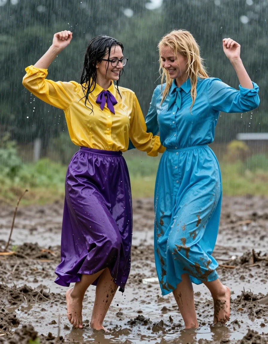A photorealistic, high-detail wide shot of two young adult European women, both teachers, dancing joyfully in a muddy field during a rainstorm. The first woman is a brunette wearing an oversized long-sleeved yellow silk buttoned-down blouse with a purple bowtie, glasses, and a satin purple maxi skirt, barefoot. The second woman is blonde, wearing a long-sleeved cyan buttoned-down maxi dress with a matching necktie, also barefoot. Both women are completely drenched, with wet skin, damp hair plastered to their faces, and clothing that is clinging to their bodies. The silk blouse and satin skirt are heavy, soaked, and darkened by water, showing realistic folds and a subtle sheen. The cyan dress is saturated, clinging to the skin, with deep, unevenly soaked patches and visible fabric texture. They are captured in the middle of a playful dance in a deep, dark, muddy puddle, with water droplets suspended in the air and mud splattered across their legs and feet. The lighting is moody and overcast, creating strong glossy specular reflections on their wet skin and the damp, heavy fabric of their clothes. Cinematic composition, 8k resolution, highly detailed skin textures, hyper-realistic wetness, atmospheric depth.