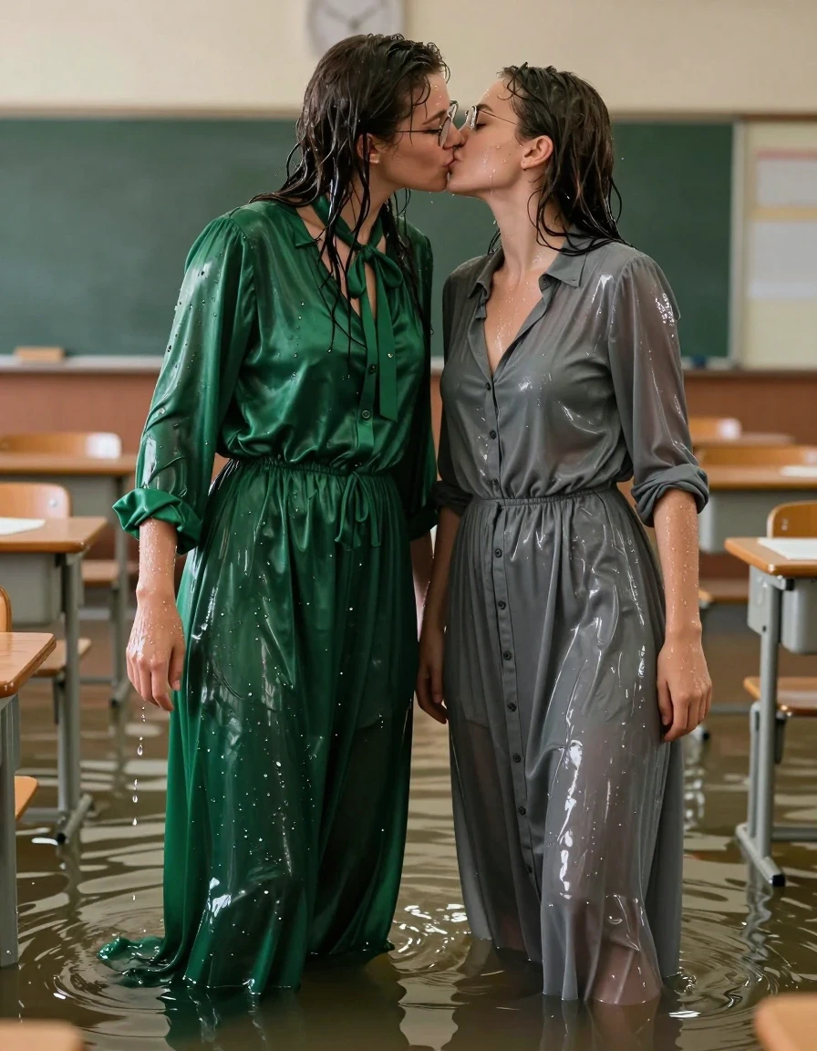 A hyper-realistic, high-detail cinematic shot of two young adult European women passionately kissing in an empty, flooded classroom. The first woman wears an oversized, long-sleeved silk green maxi dress with a bowtie and glasses; the second woman wears a grey buttoned-down long-sleeved maxi dress. Both women have wet, clinging skin, damp hair, and clothes that are thoroughly soaked, with the fabric darkened, heavy with water, and clinging to their forms with realistic folds and water sheen. The green silk and grey fabric show deep color saturation and glossy, wet textures from the waist-deep water. They are wearing high heels that are partially submerged. The lighting is soft and ambient, reflecting off the water's surface and the wet fabric. The atmosphere is damp and intimate, captured with a sharp, professional photographic lens, focus on the subjects, intricate fabric textures, visible water droplets, and realistic skin wetness.